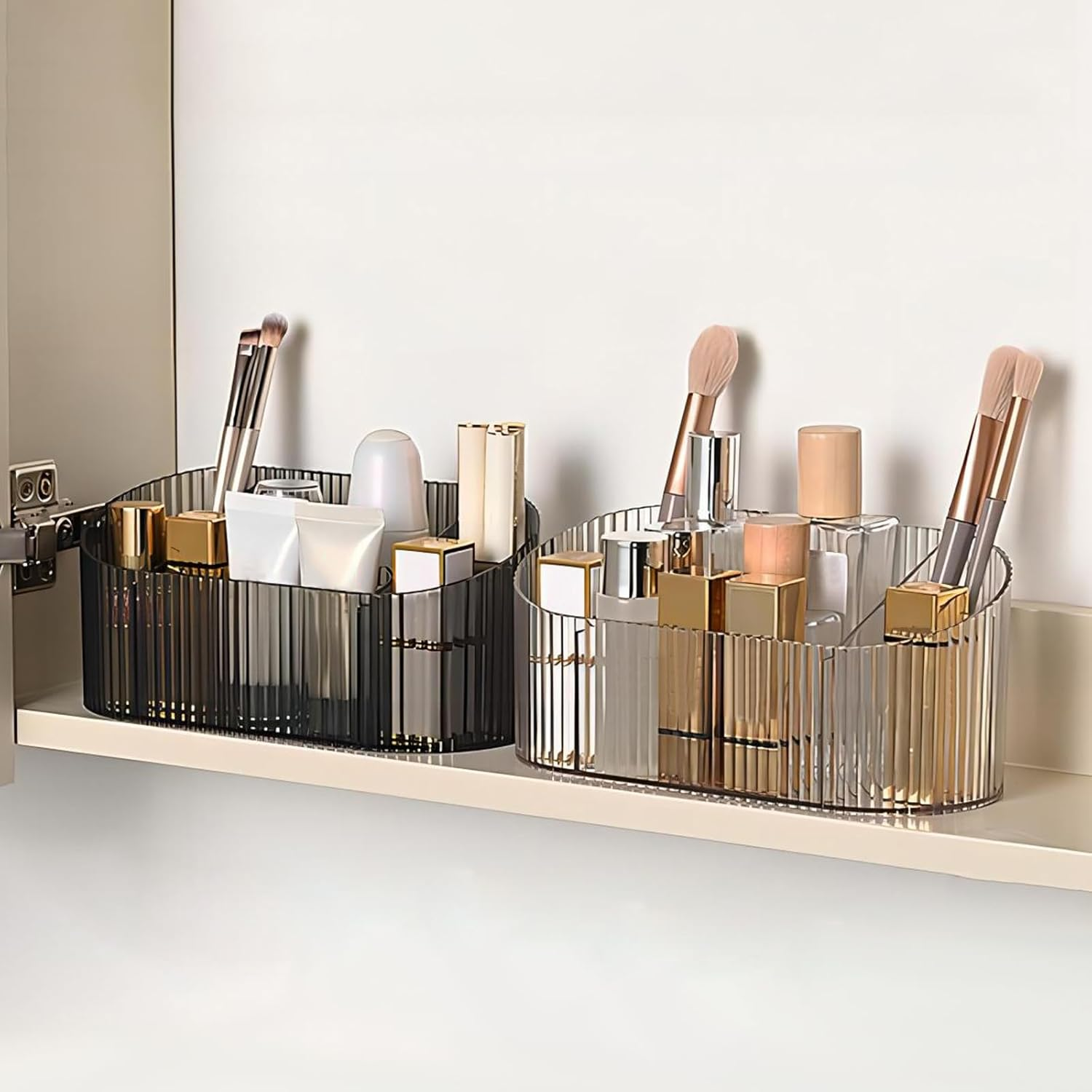 DASITON Capacity Makeup Brush Holder,5 Slot Makeup Brush Holder,Vintage Striped Make up Brush Holder,For Vanity Decor,Bathroom Countertops,Desk Storage Container,Cosmetic Display Cases(Clear) - Grey image number 5