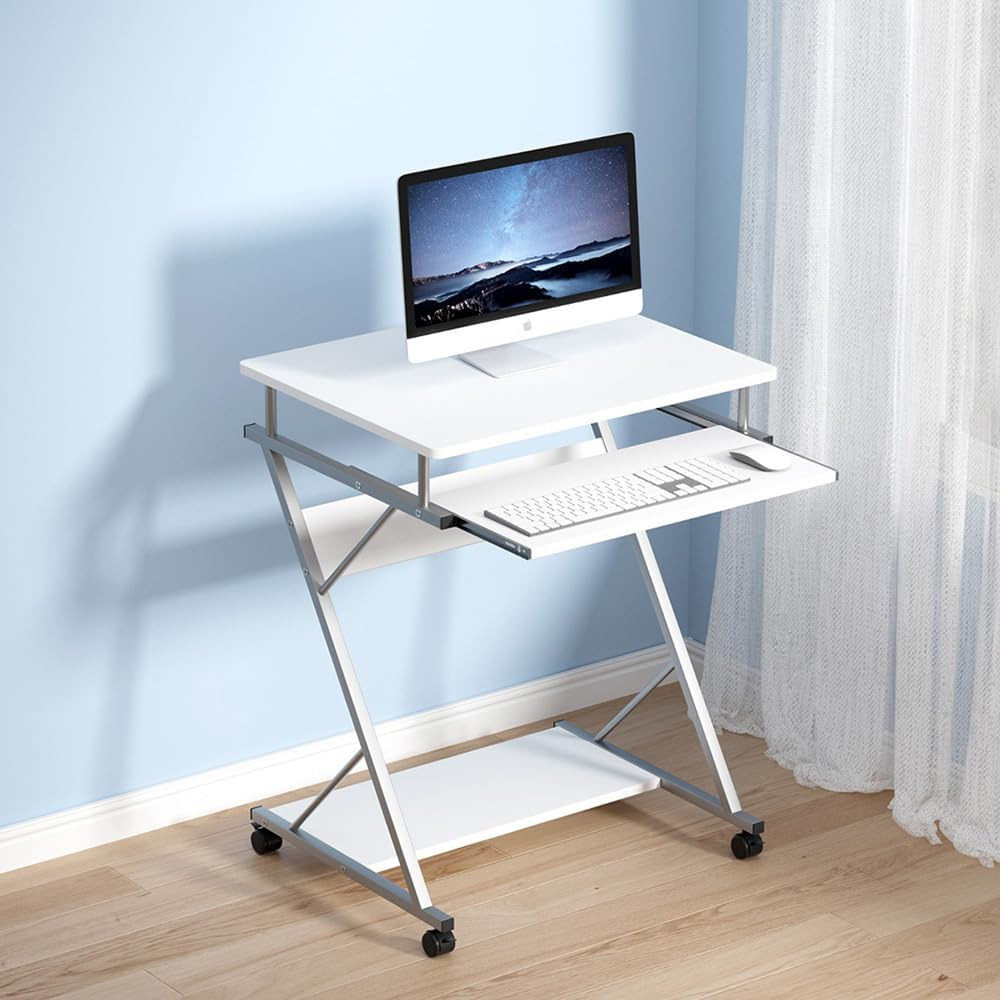 Artiss Computer Desk 60Cm White Particle Board Z Shape Steel Frame Office Laptop Desks Study Student Table, Home Furniture for Room, Portable with Wheels Keyboard Tray Bottom Shelf image number 4