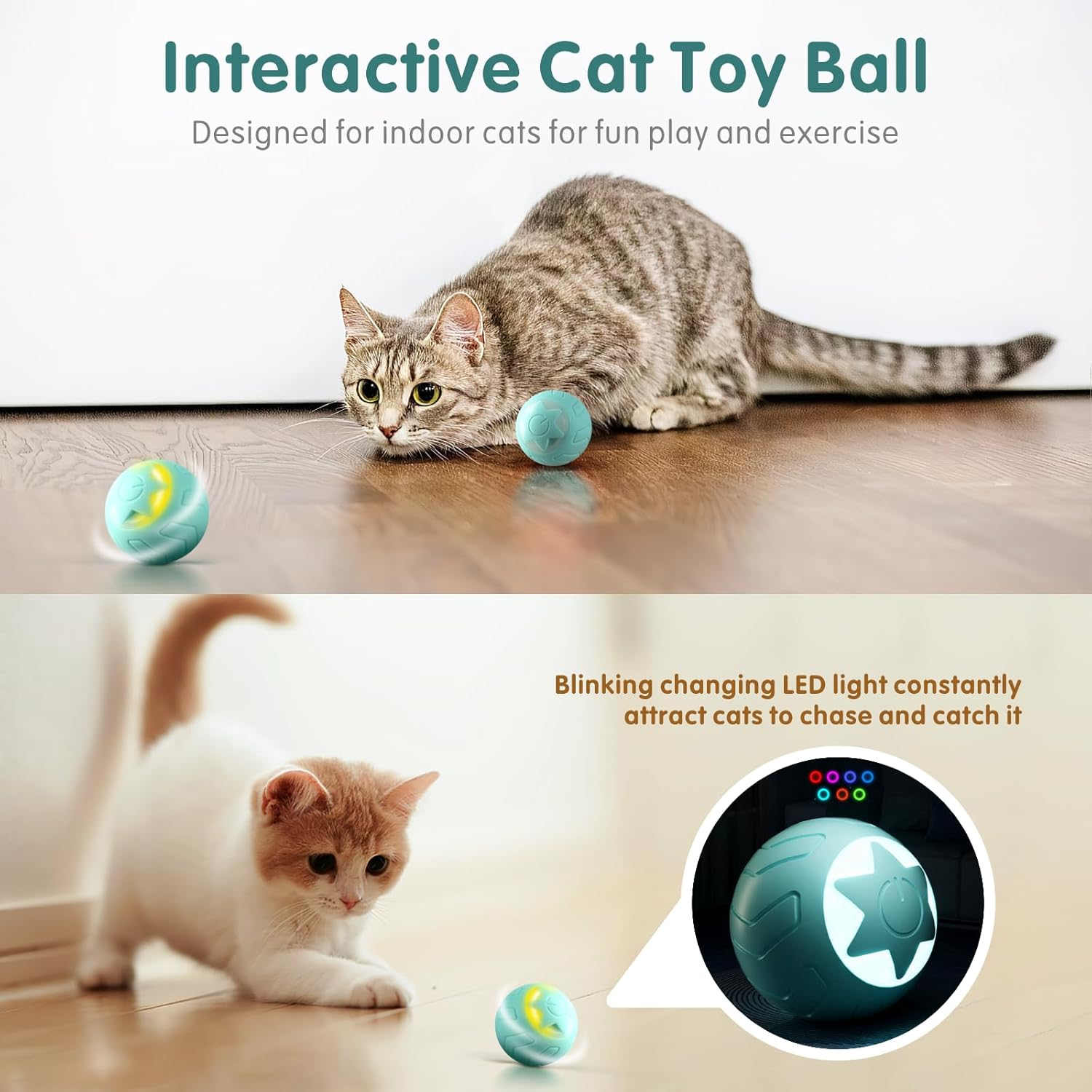 Interactive Cat Toy Ball, Baytion Cat Balls Automatic Moving Rolling Cat Toys for Indoor Cat Kitten, with 2 Modes, LED Lights Changeable, Type-C Rechargeable, Mintgreen image number 4