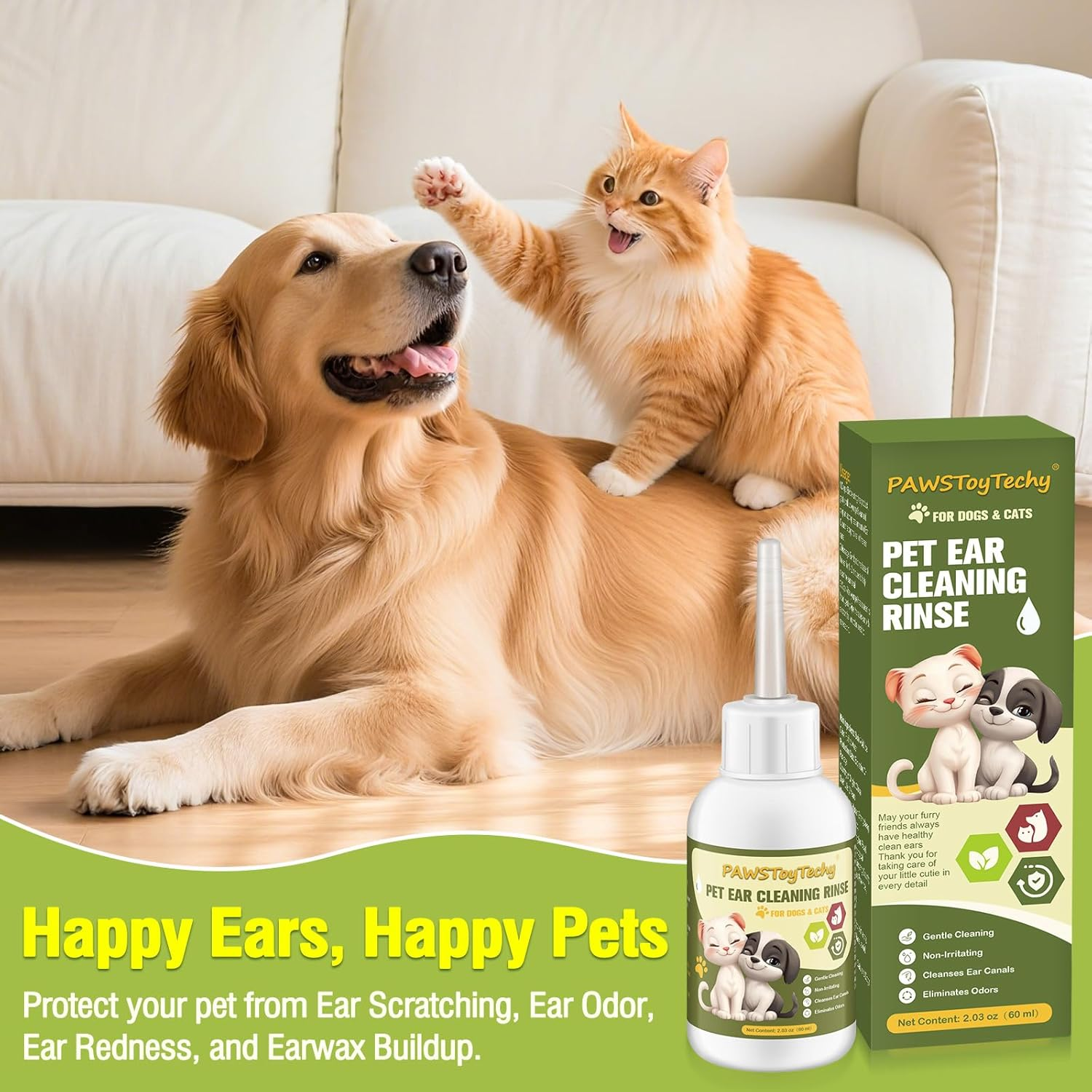 Pet Ear Cleaner Drops for Dogs & Cats - 4 Oz Long Soft Tube Ear Cleaner for Pets, Gentle Ear Cleaning Solution for Deodorizing & Wax Removal, Relieves Itching, Safe for Pets & Humans image number 2
