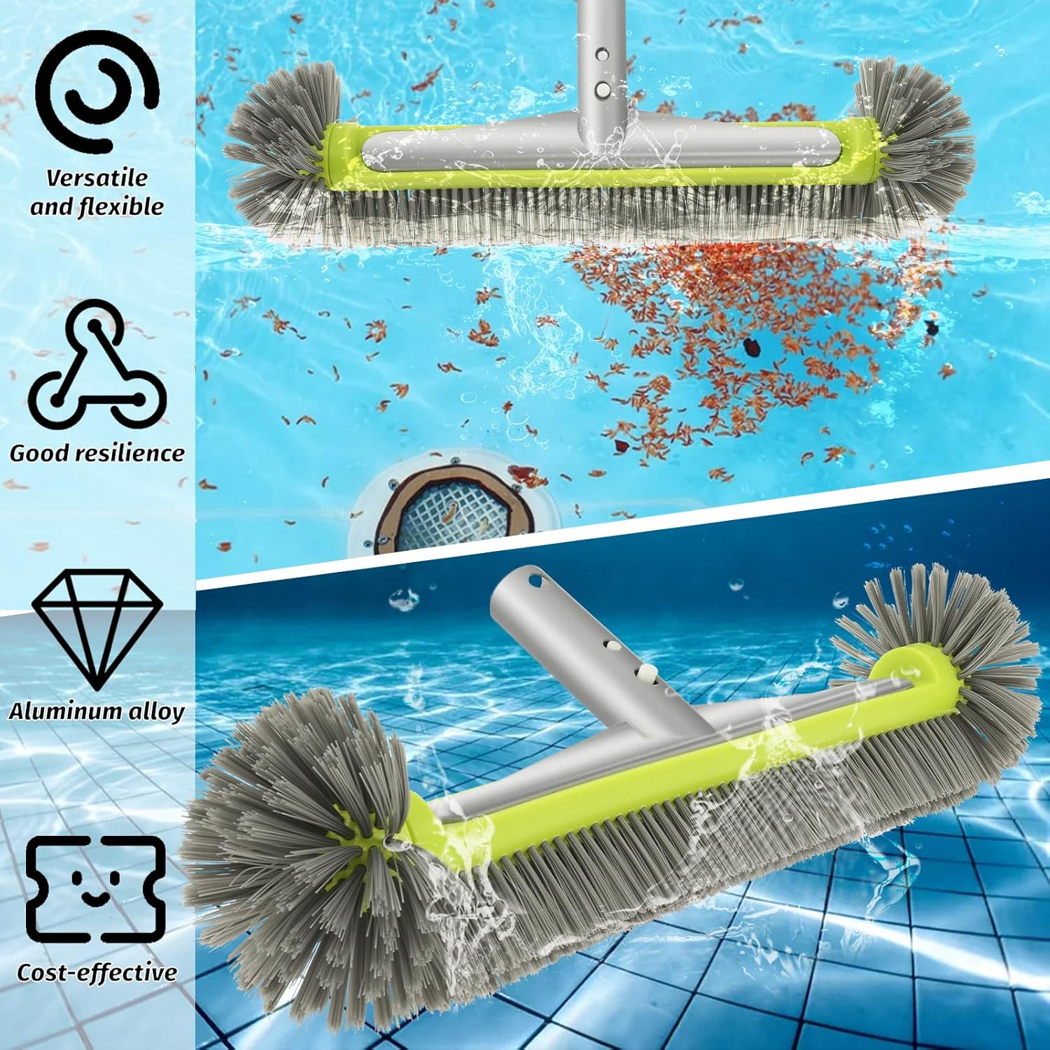 360 Degree Swimming Pool Brush Head, Heavy Duty Cleaning Brush, Aluminum Alloy Brush Head with High Hardness Bristle for Cleaning Corner Wall Tile Floor image number 2