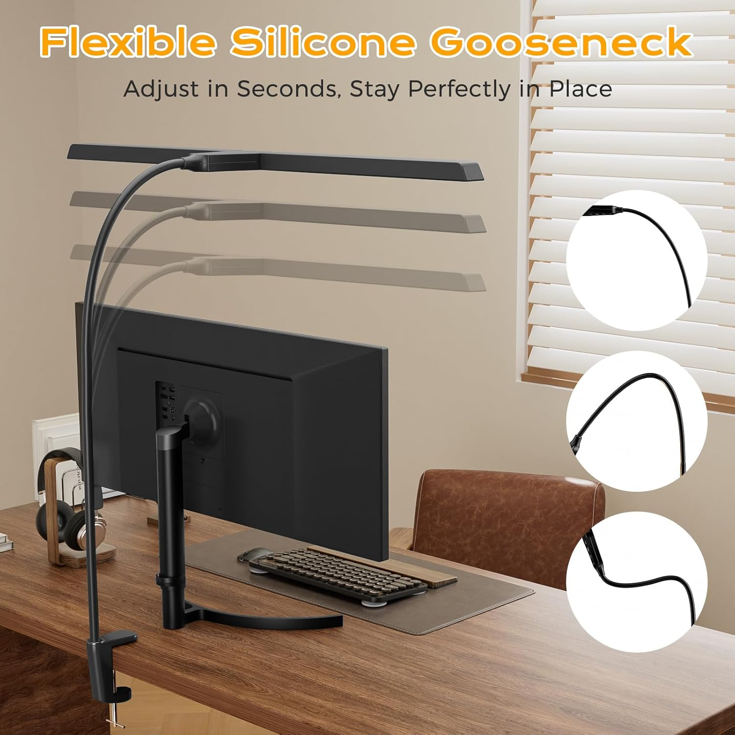 Quntis Desk Lamp for Home Office Study, 68CM Double Head Architect Desk Light with Clamp, 4 Colors & Brightness Dimmable Eye Care Table Lamp No Glare, Adjustable Gooseneck Task Lamp, Black image number 4