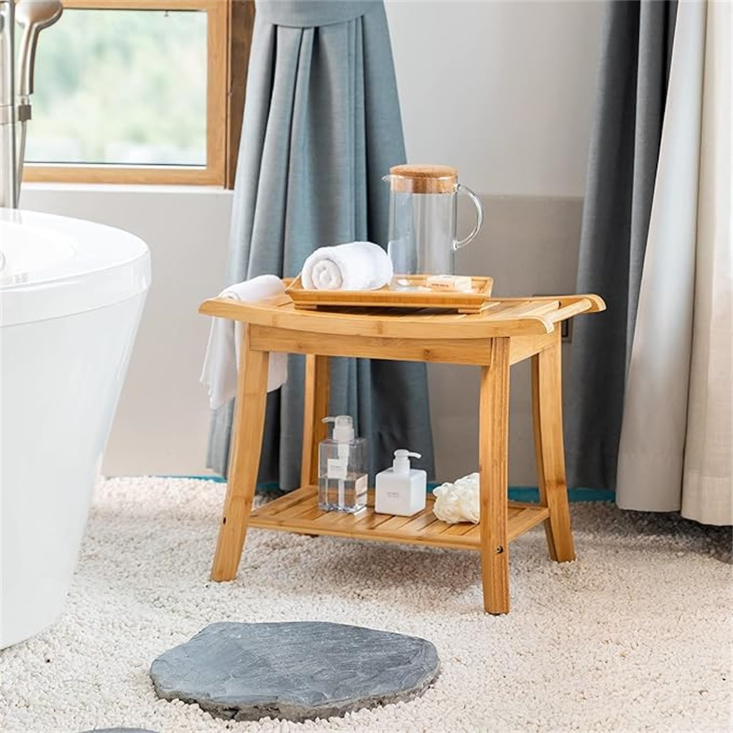 Portable Wooden Spa Bathing Stool with Storage Towel Shelf, Waterproof, Waterproof Shower Spa Chair Seat Bench Organizer Stool with Non-Slip Feet for Indoor or Outdoor(60 X 30 X 45 Cm) image number 2
