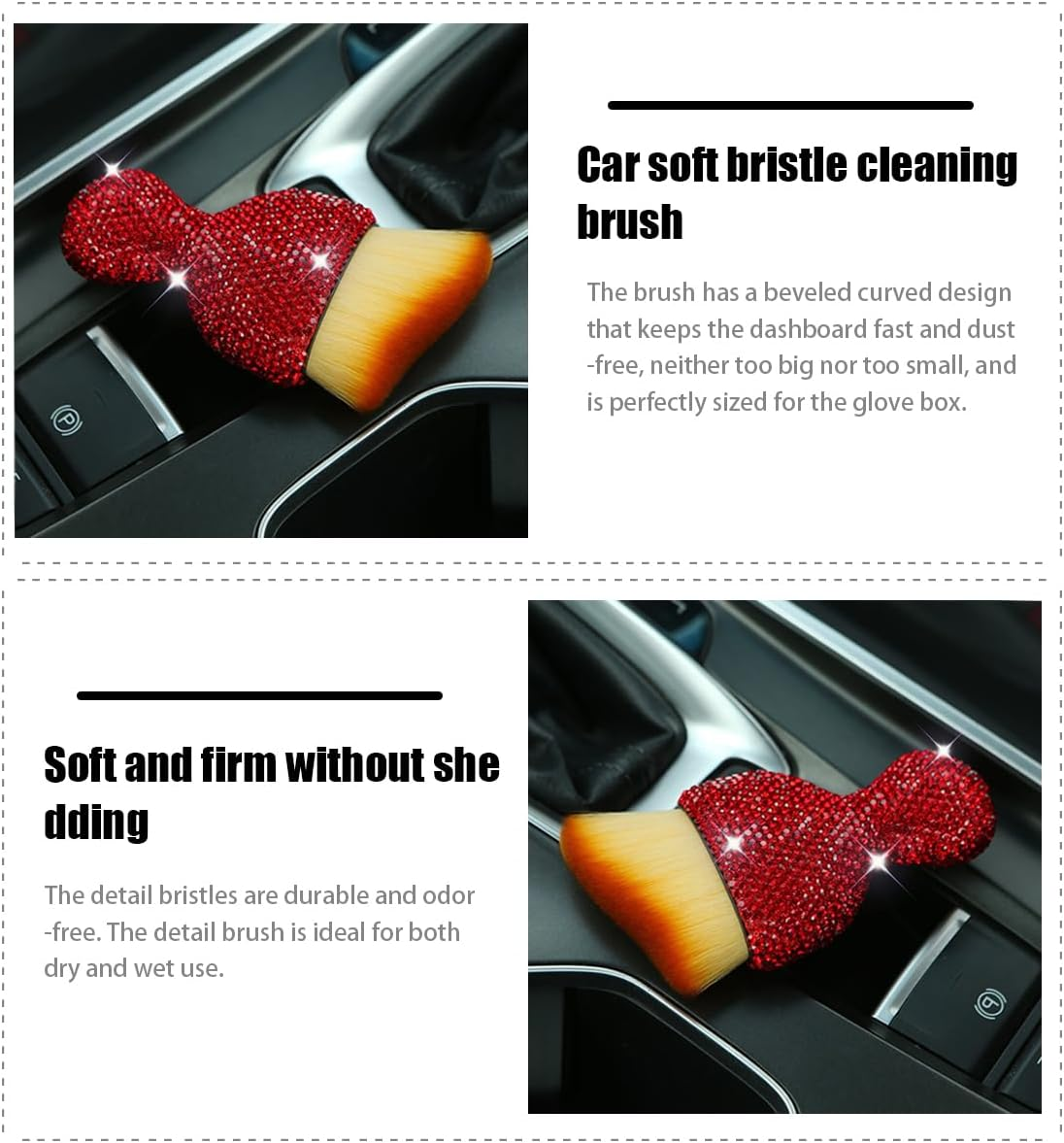 Zipelo Auto Interior Dust Brush, Car Detailing Cleaning Brush with Diamond, Bling Handle Soft Bristles Dusting Tool, Scratch Free Dirt Clean Brushes for Vehicle Dashboard, Air Conditioner Vent (Red) - Black image number 3