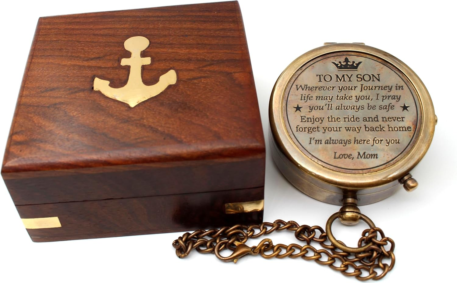 US HANDICRAFTS Brass Compass with Wooden Case Mom to Son Compass &ndash; to My Son Love Mom &ndash; Engraved Compass Mother to Son Gifts Graduation Day Gifts for Son| Brown Antique Bronze image number 4
