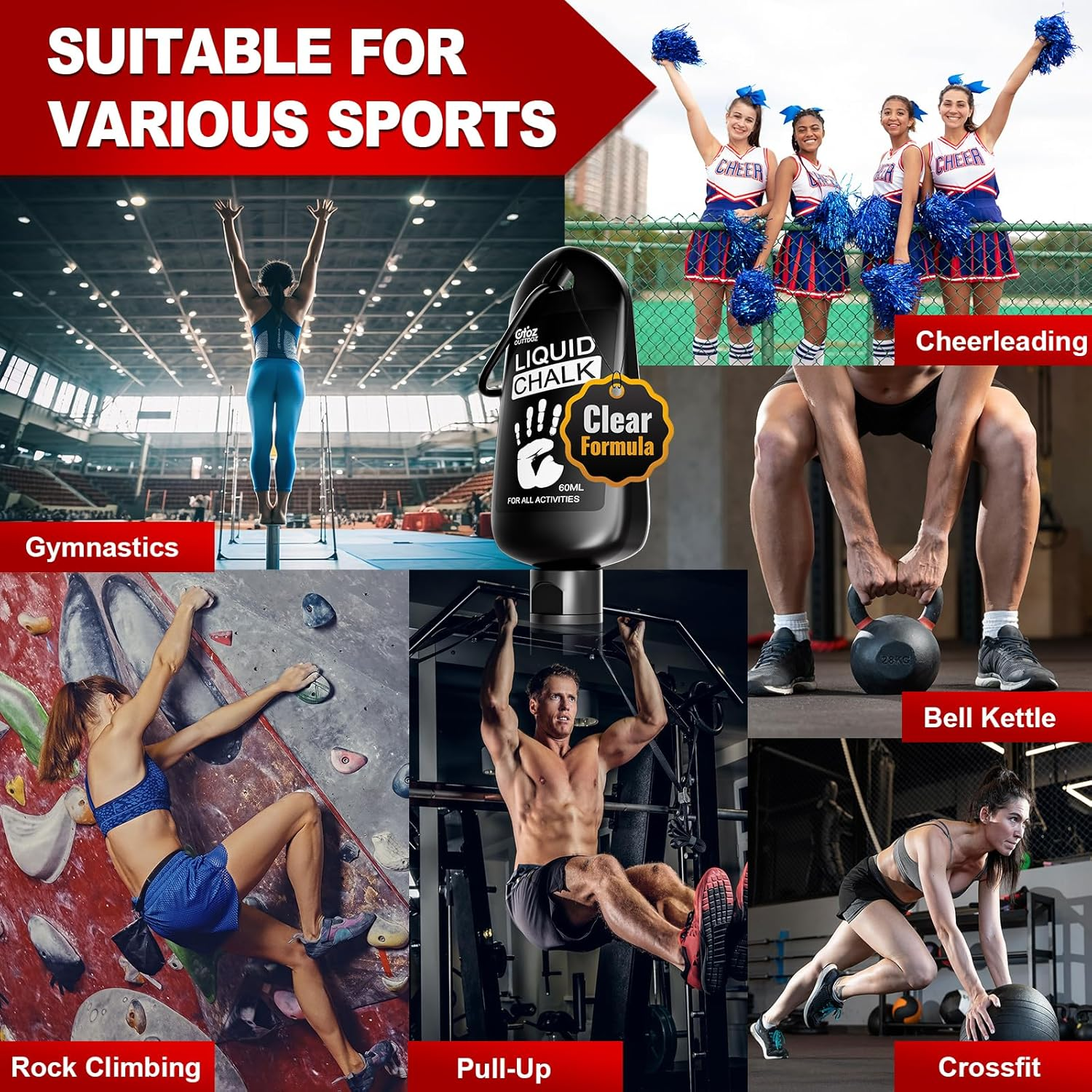 OUTTDOZ Clear Liquid Chalk, Dry Hands Non Sticky Grip Enhancer, Transparent Anti-Slip Solution for Gymnastics Cheerleading Pole Dancing Tennis Golf Pickleball Badminton and All Sports. image number 1