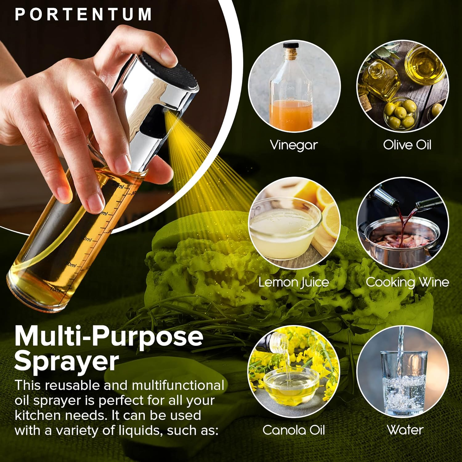 PORTENTUM Oil Spray Bottle 100Ml Stainless Steel Olive Oil Dispenser, Leakproof Oil Bottle with Accessories &ndash; Oil Sprayer for Cooking, BBQ, Salad and Air Fryer image number 1