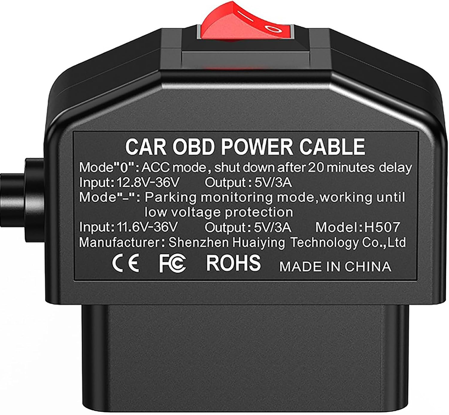 Tunghey Micro USB OBD2 OBD Power Cable for Dash Camera, OBD to Micro USB OBDII Adapter Hardwire Charger Cable 24 Hours Surveillance and Acc Two Mode with Switch Button 3.5M (Right Angle) - Left Angle image number 6