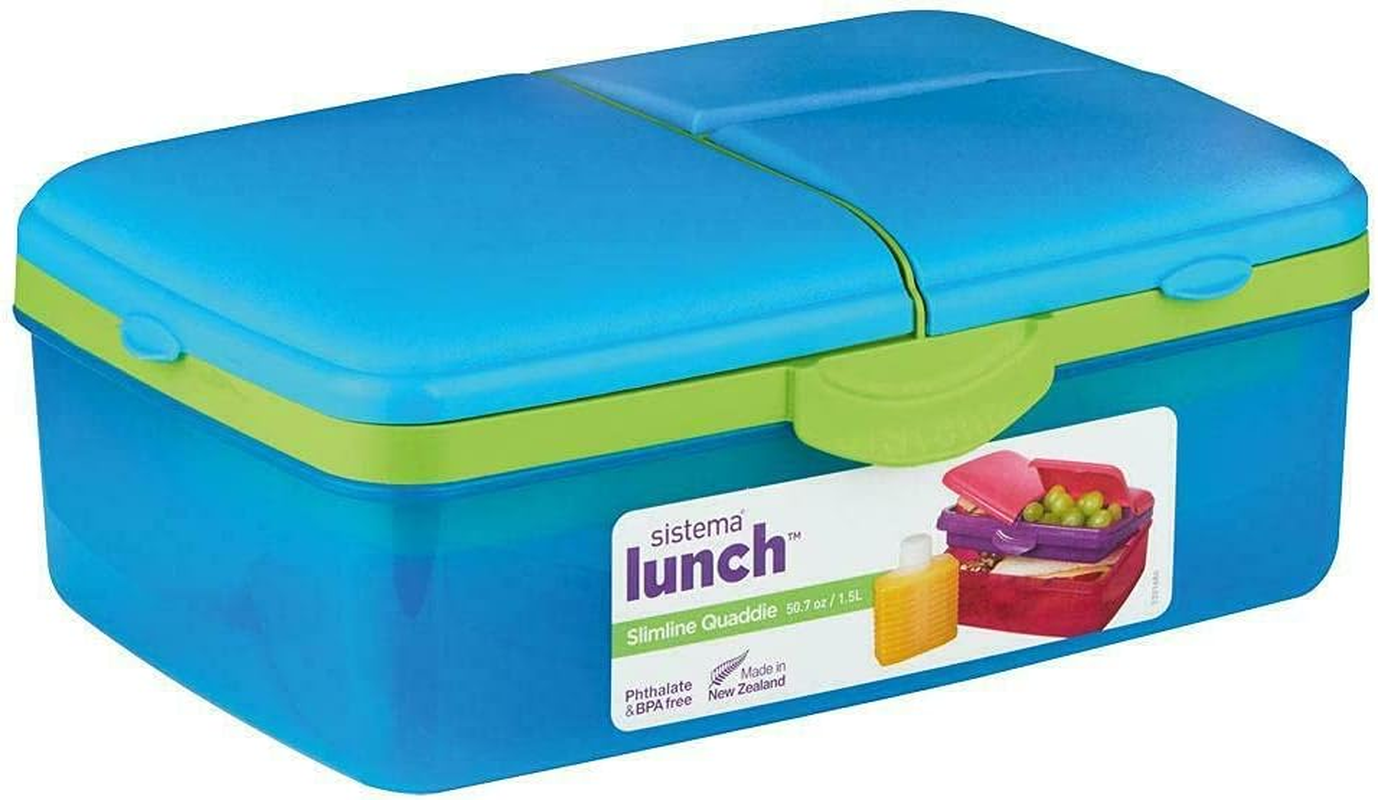 Sistema Lunch Slimline Quaddie Lunch Box with Water Bottle | 1.5 L Air-Tight and Stackable Food Storage Container | Assorted Colours