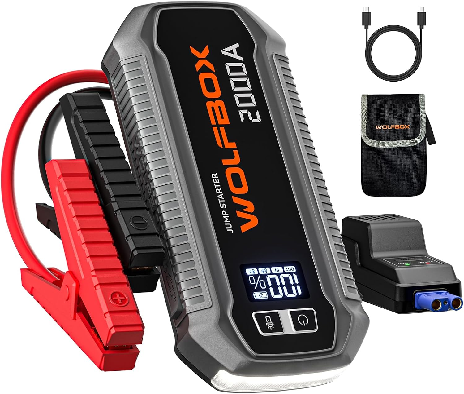 WOLFBOX Car Jump Starter 2000A, 12000Mah Battery with LED Display, Portable, 30W Fast Charge, 12V Car Battery Jump Starter Kit (7L Gasoline and 6L Diesel Engine) with Booster, LED Light, Jump Cable image number 5