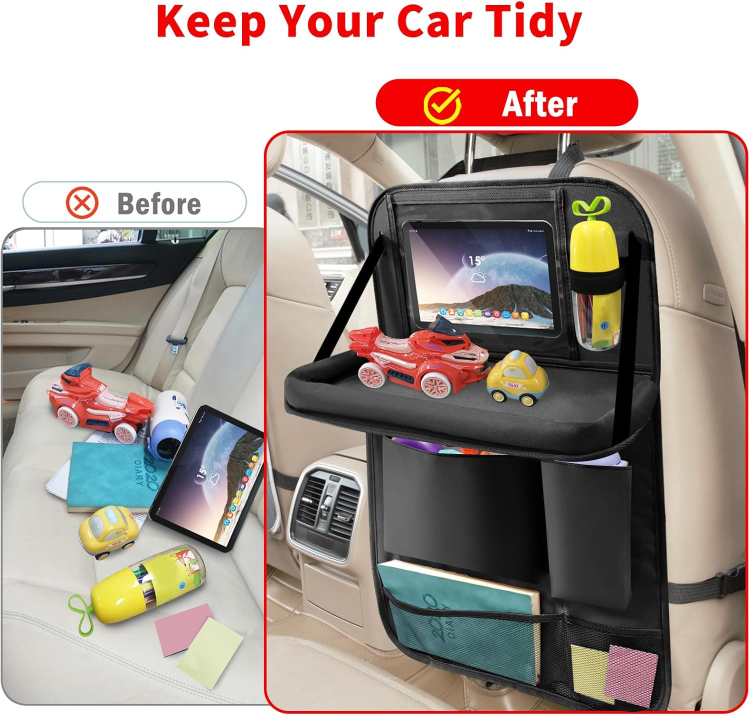 Etre Jeune Car Backseat Organizer with Tablet Holder, 6 Storage Pockets Foldable Table Tray Seat Back Protectors Kick Mats Travel Accessories, 2 Pack Black - Grey image number 5