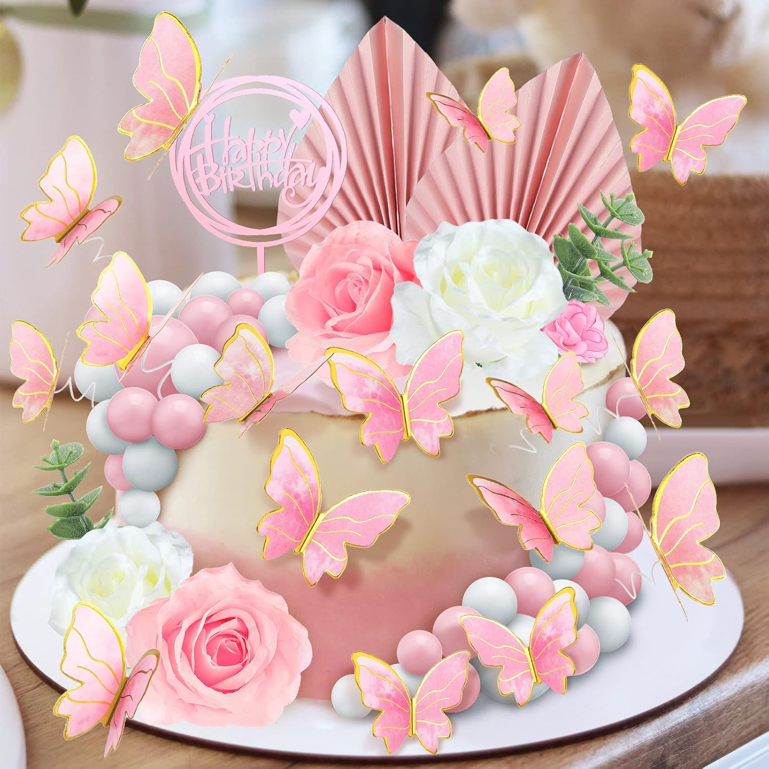 Shimeyao 52 Pcs Flower Toppers for Cake Boho Cake Topper Flower Butterfly Decorations Palm Leaves Balls Cupcake Toppers for Birthday Wedding Baby Shower Party Decoration (Pink, White) - Green, White, Gold image number 2