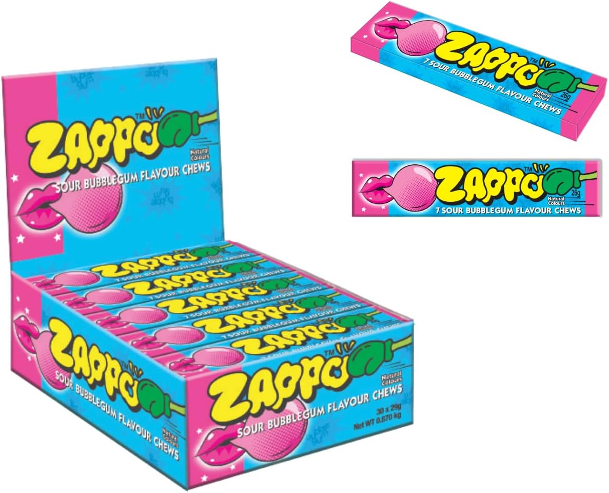 ZAPPO Sour Flavoured Bubblegum Chews - (Bulk Pack of 30 Sticks)