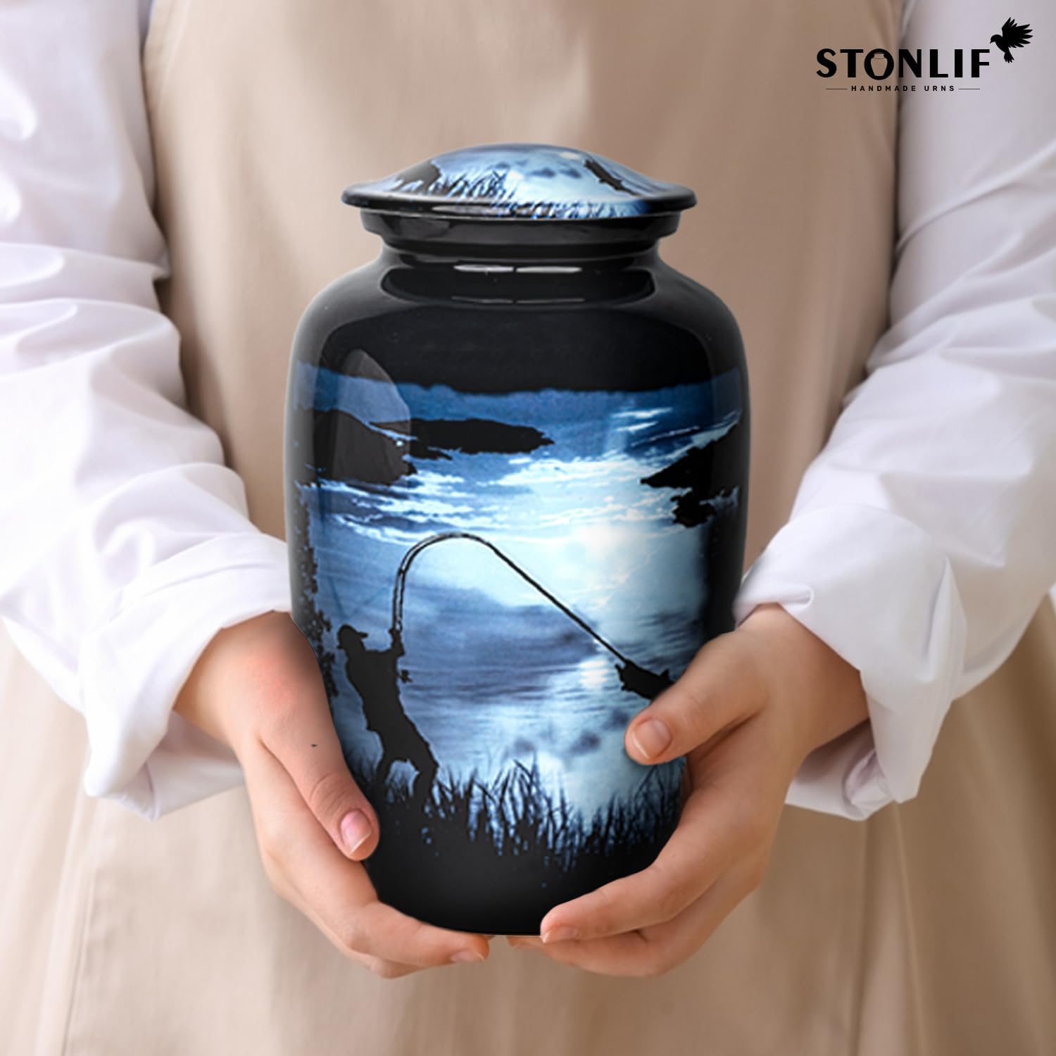 STONLIF Large Gone Fishing Urns for Ashes Adult Male & Female - 200 Lbs Decorative Urn, Burial Urns for Dad, Men - Funeral Urn with Velvet Bag and Felted Bottom - Blue Urn for Ashes Adult Male image number 3