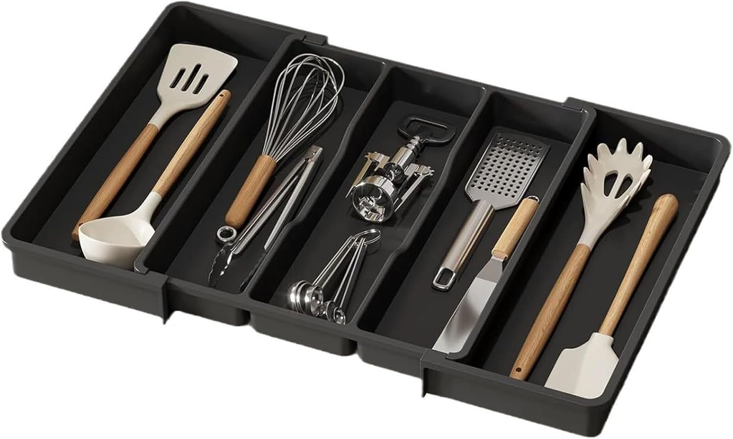 Utensil Drawer Organiser, Expandable Cutlery Tray for Kitchen, Adjustable Silverware Flatware Holder, Plastic Kitchen Spatula Tools Gadgets Spoons and Forks Storage(Color:Black) image number 5