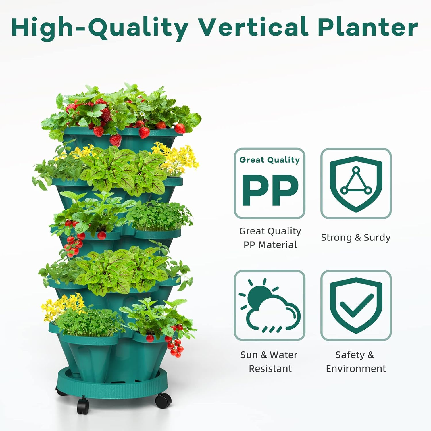 Strawberry Stacking Planters, Vertical Garden Tower, 3 Tiered Stackable Herb Vegetable Planters with Movable Casters and Bottom Saucer Indoor and Outdoor - Hunter Green