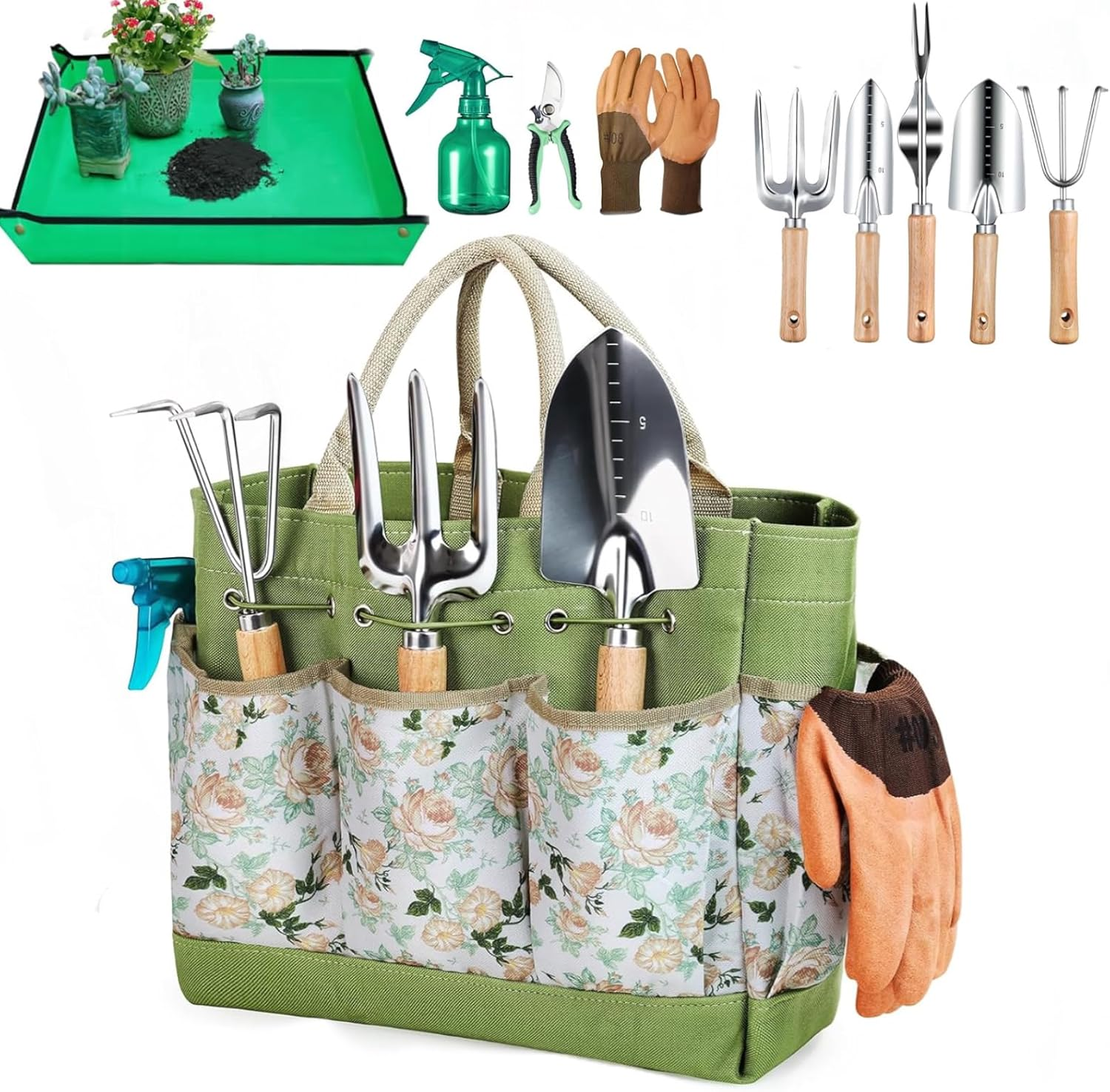 Gardening Tools 10-Piece Heavy Duty Gardening Hand Tools with Fashion and Durable Garden Tools Organizer Handbag,Rust-Proof Garden Tool Set, Ideal Gardening Gifts for Women image number 4