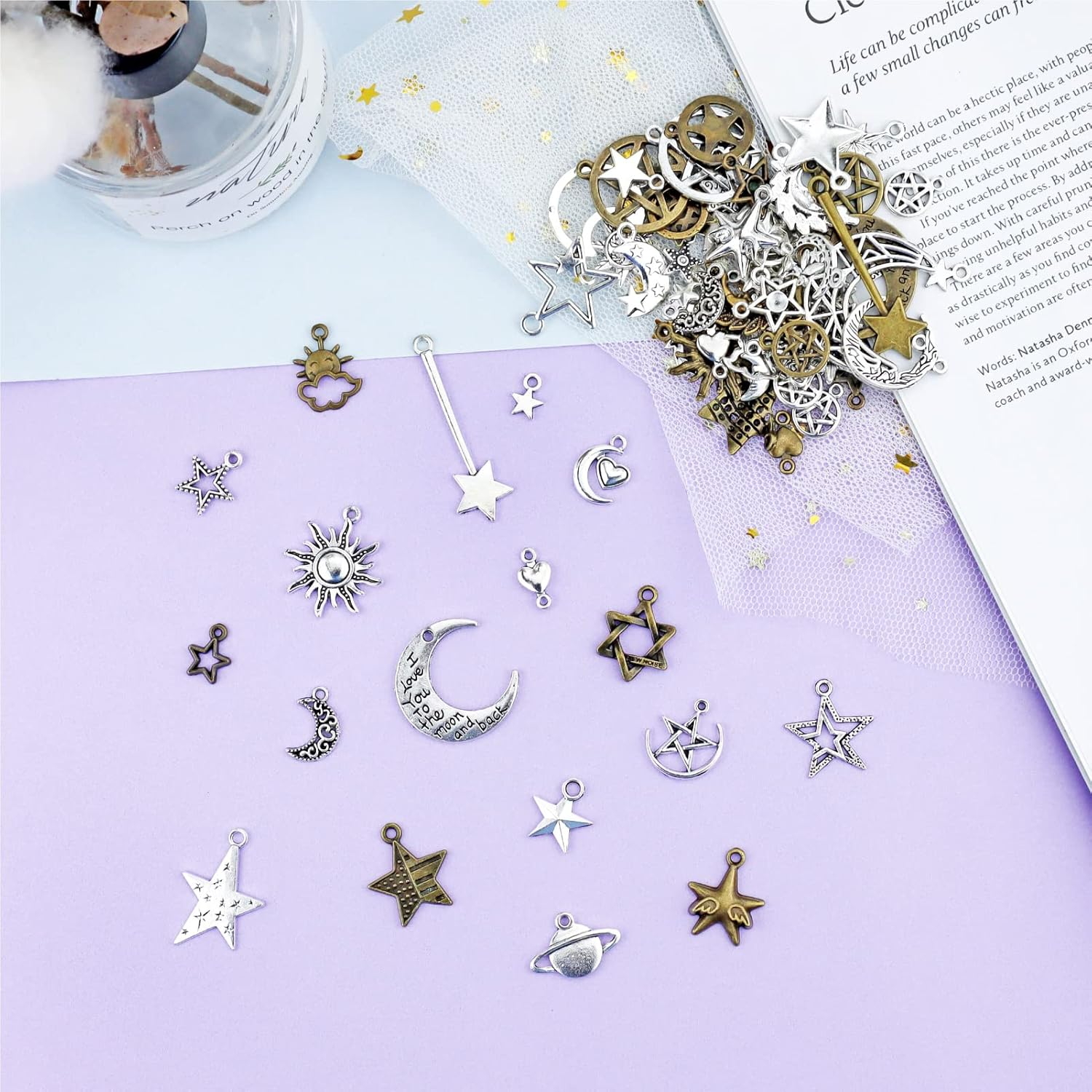 JIALEEY Celestial Mixed Sun Moon Star Charms, Wholesale Bulk Lots Antique Alloy Charms Pendants DIY for Necklace Bracelet Jewelry Making and Crafting, 100G(74Pcs), Alloy Steel, Alloy Steel image number 1