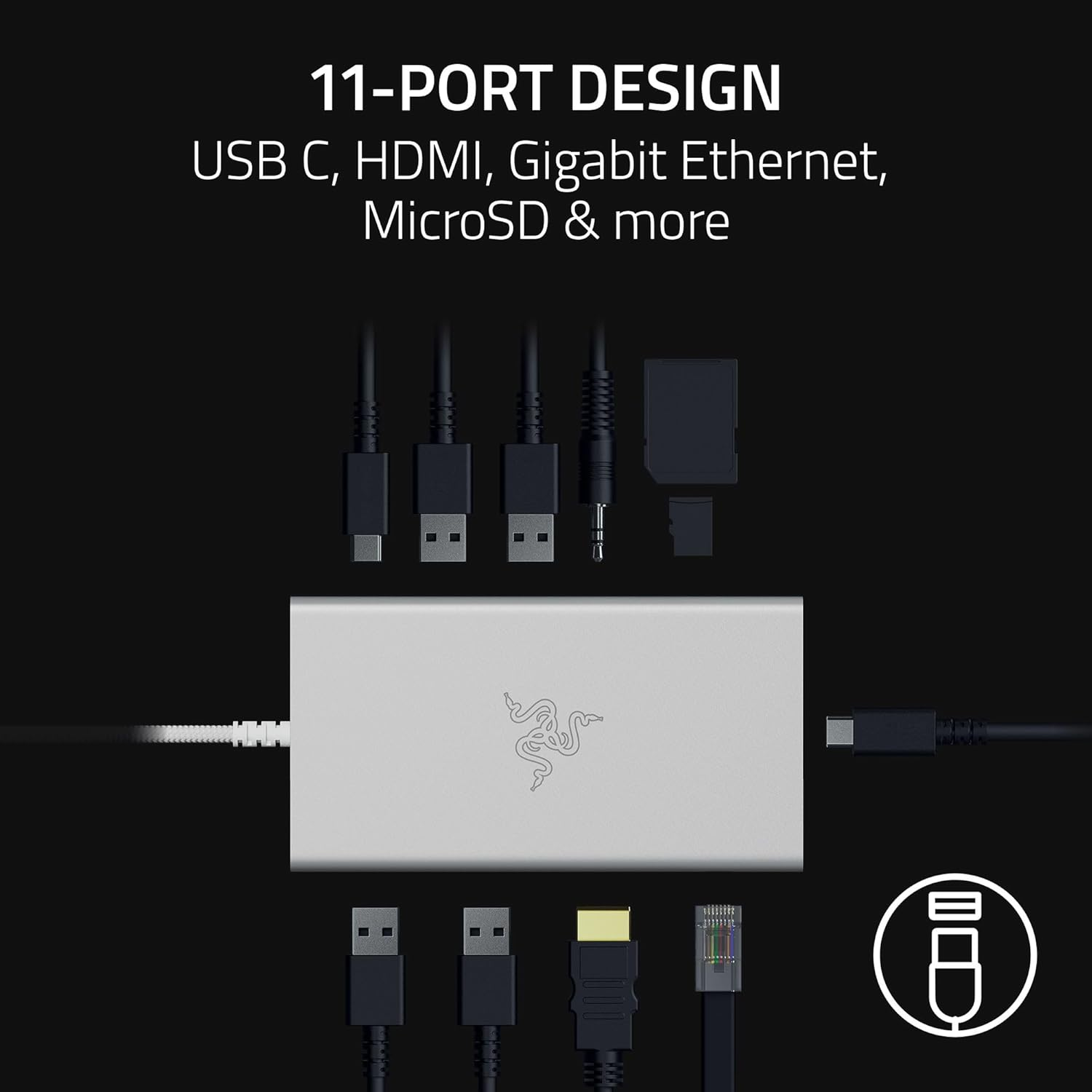 Razer USB-C Dock - 11 Ports with HDMI, Gigabit Ethernet, 3.5Mm Audio Port, USB-A & -C, Compatible with Windows and Mac (Screen Output with 4K, 7.1 Surround Sound) - Mercury White image number 3