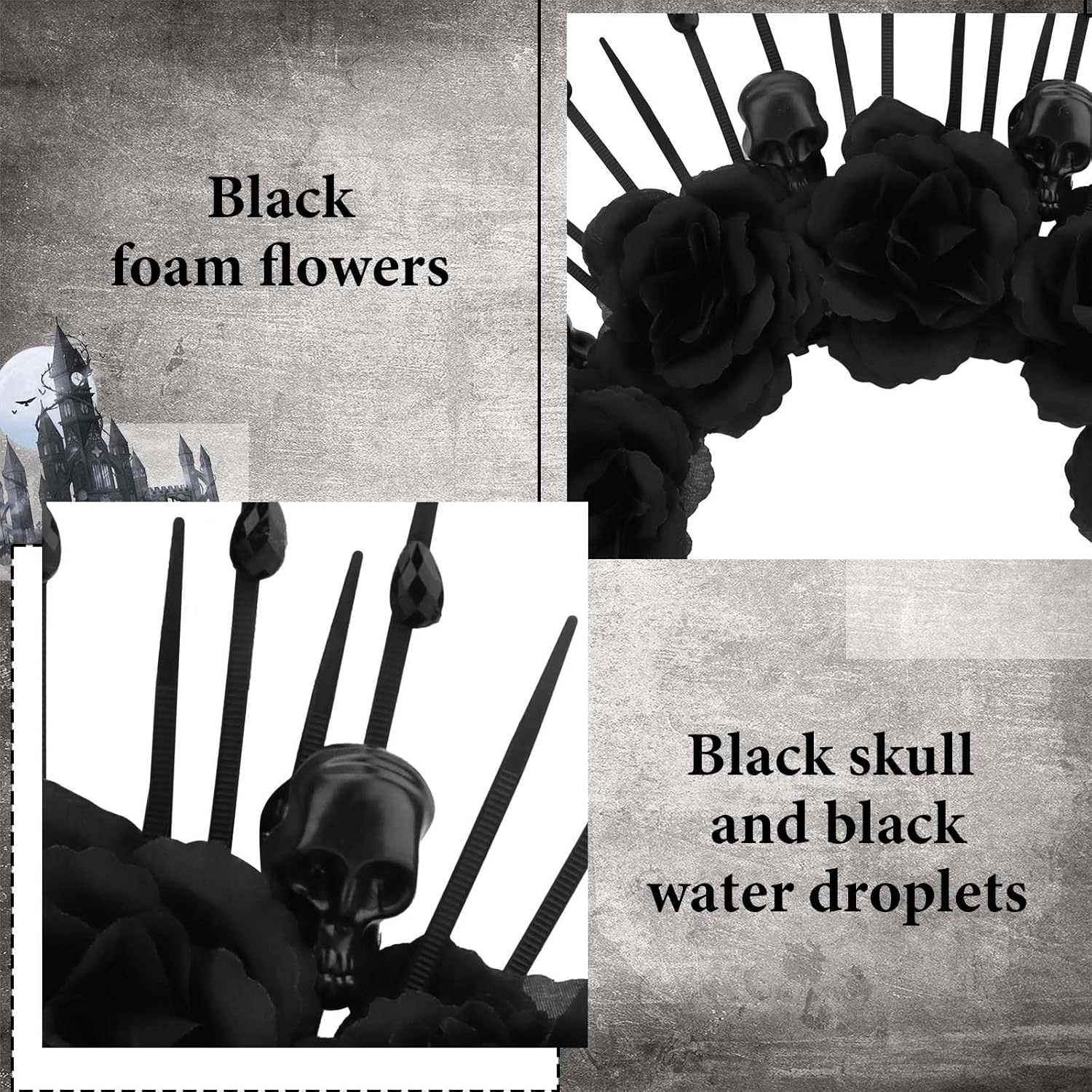 Vovii Black Halo Headband for Women Hair Accessory Halloween Costume, Gothic Rose Flower Crown Goddess Headpiece with Skull for Dark Day of the Dead Outfit image number 5