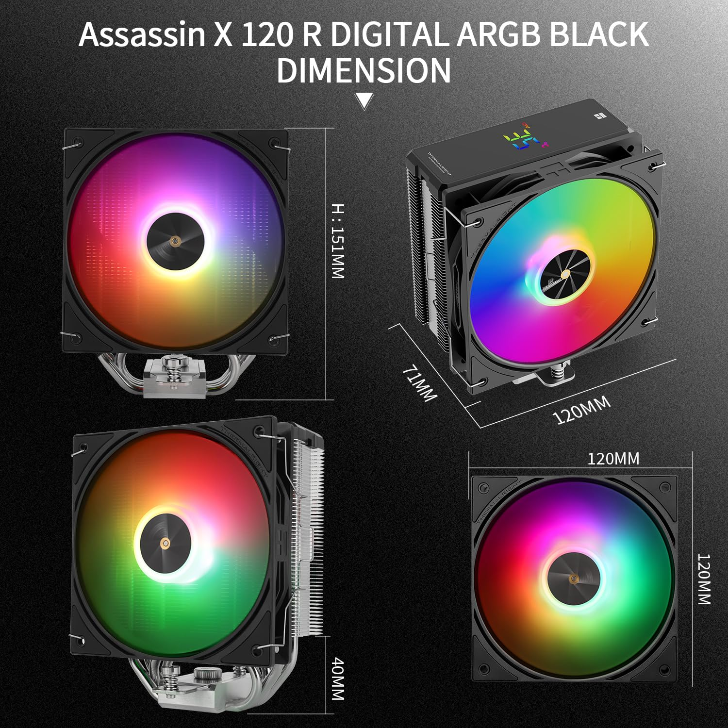 Thermalright Assassin X 120R Digital ARGB Black CPU Cooler Air with 4X6Mm Heatpipes, Digital Screen Top Cover,Pwm Fan Heatsink CPU Cooler,151Mm High, for AM5 and Intel Lga1700/1851/1150/1151/1200 image number 6