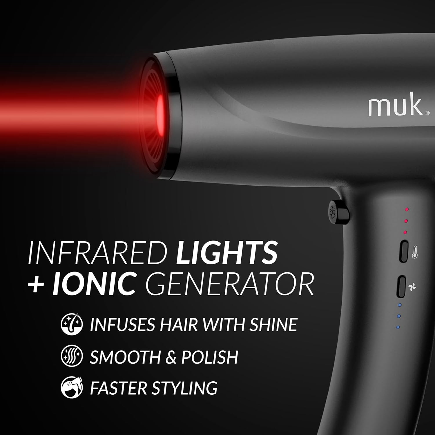 MUK. Ultra Sonic Hair Dryer Professional Series with Ionic Generator & Infrared Light - Lightweight Blow Dryer for Salon Quality Styling. Travel Hair Dryer with 3 Heat & Speed Settings, Cool Shot image number 3