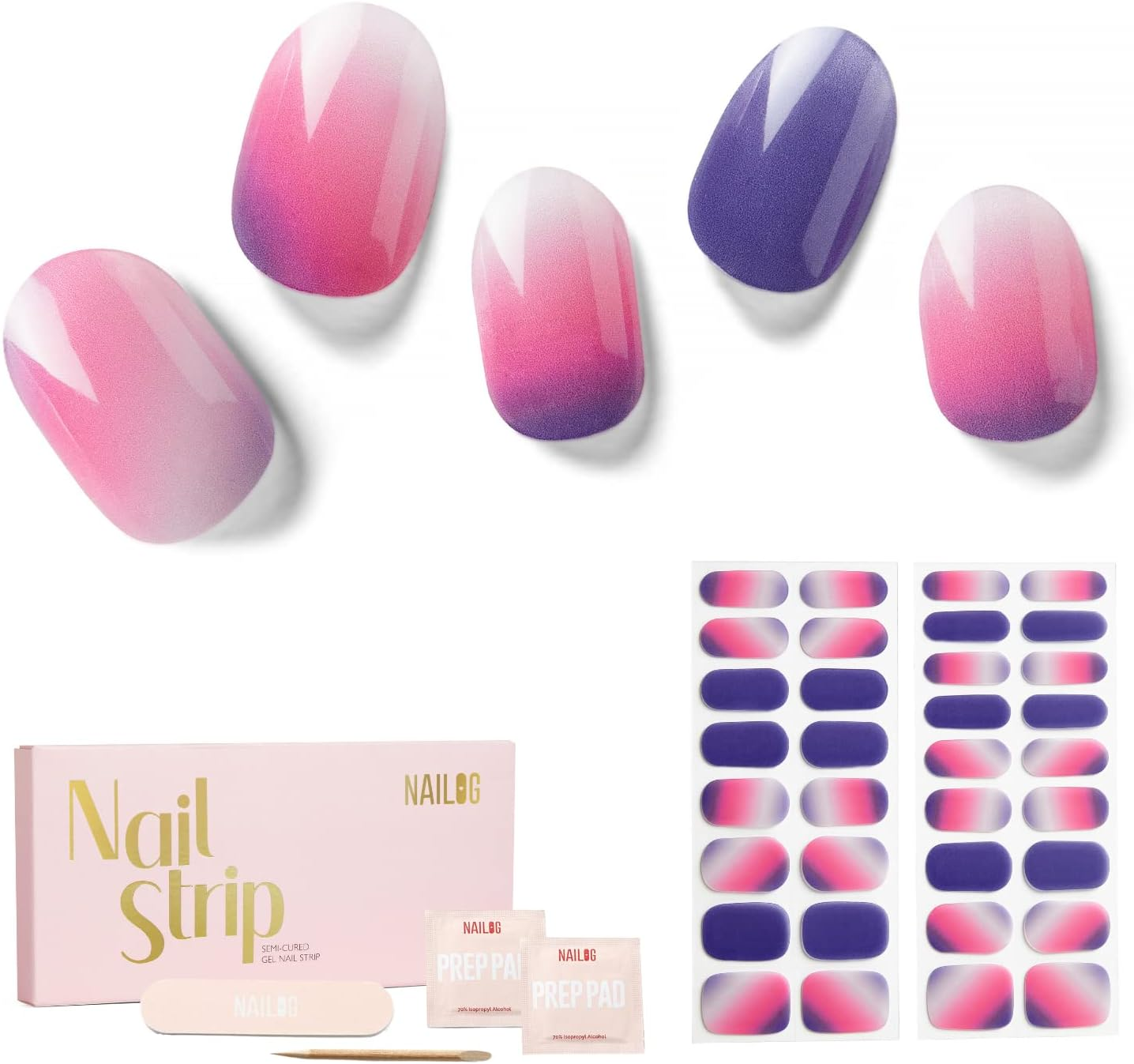 NAILOG Semi Cured Gel Nail Strips, 34Pcs Salon-Quality Gel Nail Stickers, Long Lasting Nail Wraps for Women, Twilight