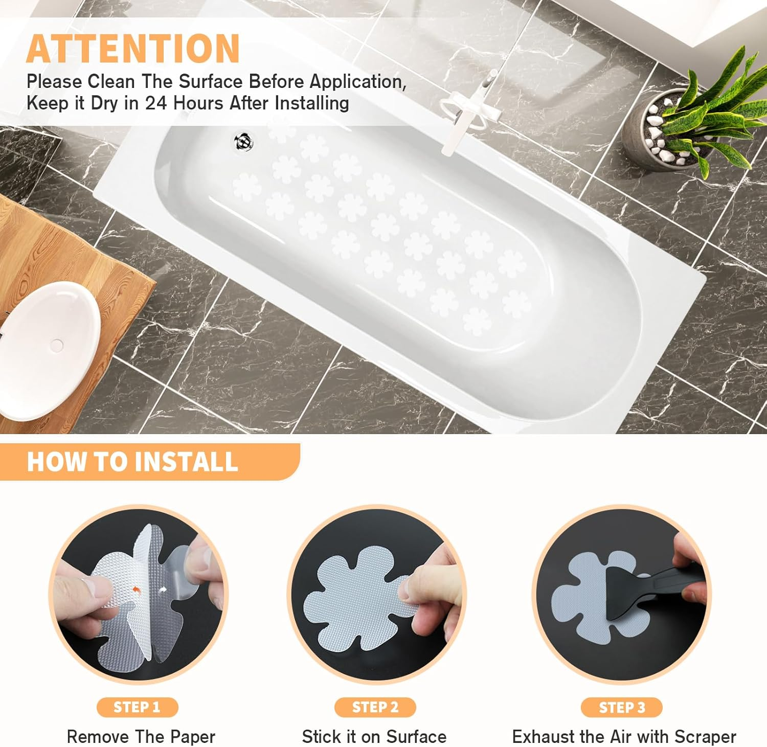 Non Slip Bathtub Stickers, 24 PCS Shower Stickers for Safety Bathroom Tubs, Bathtub Non Slip Stickers and Adhesive Decals Scraper for Bath Tub, Shower Floor, Stairs, Ladders(Flower Shape, Clear) - Grey image number 6