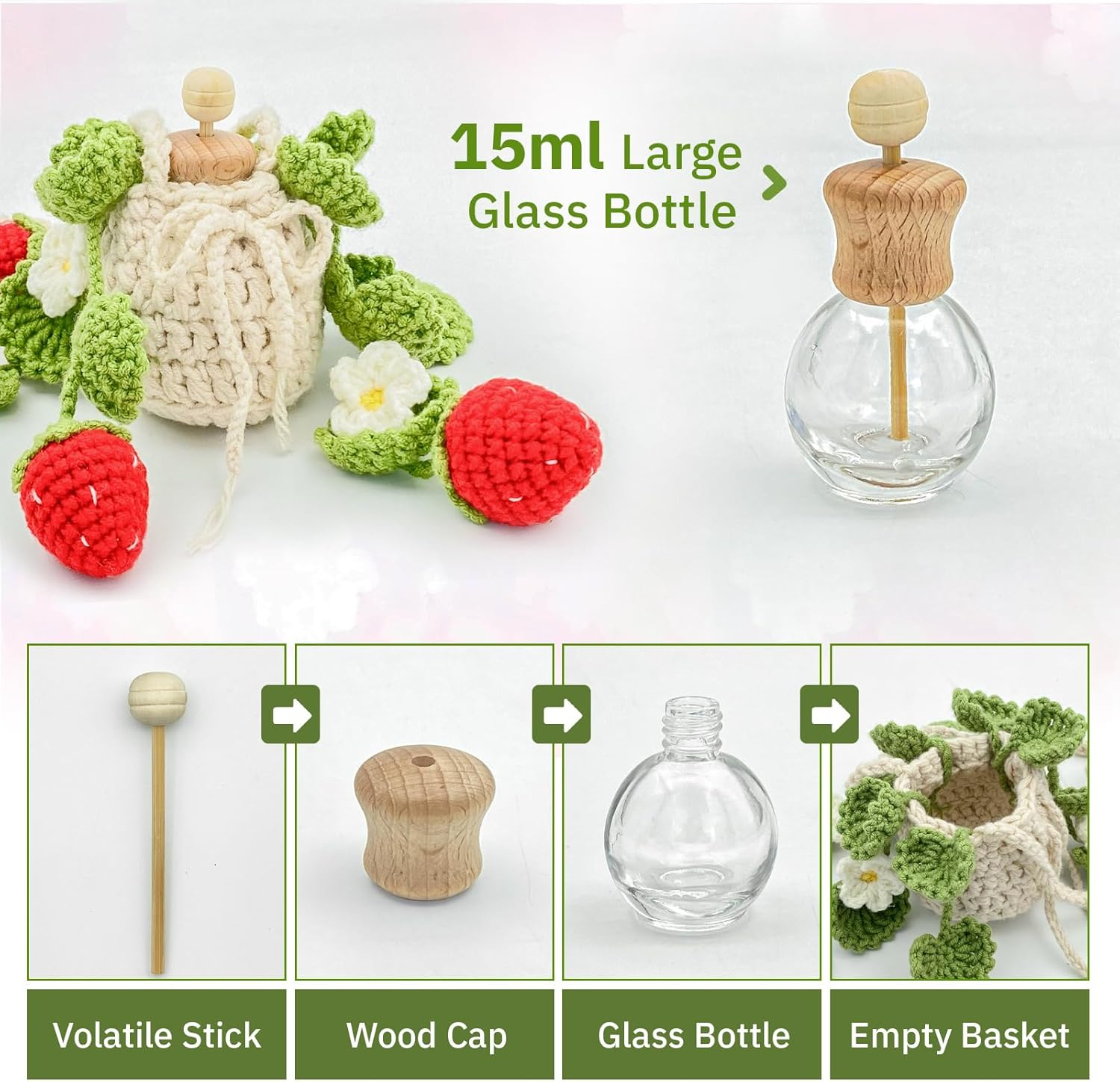 Crochet Car Air Freshener, 15Ml Empty Refillable Oil Diffuser Bottle with Hanging Crochet Strawberry Plant for Car Rearview Mirror Decor Air Freshener Diffuser for Home and Office Decor(Strawberry) image number 4