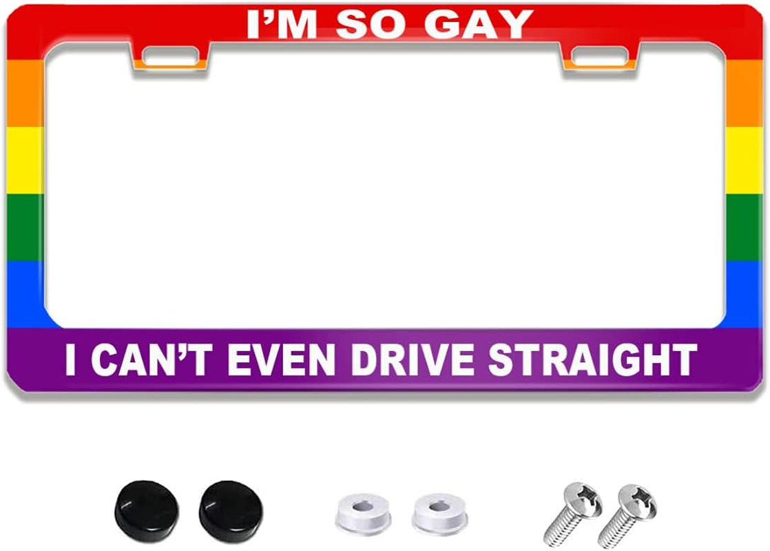 Funny License Plate Frame with Humor Text Gay Pride Rainbow Flag I'M so Gay I Can'T Even Drive Straight Aluminum Black Car Cover Holder with 2 Holes and Screws 12 X 6 Inch for US Vehicle Standard image number 4
