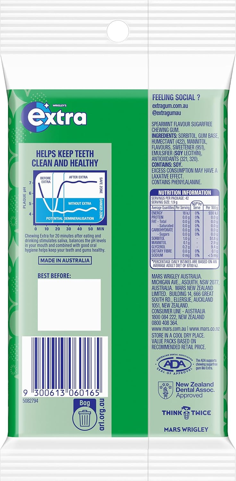 Extra Spearmint, Sugar Free Chewing Gum, 3 Packets with 14 Pieces image number 5