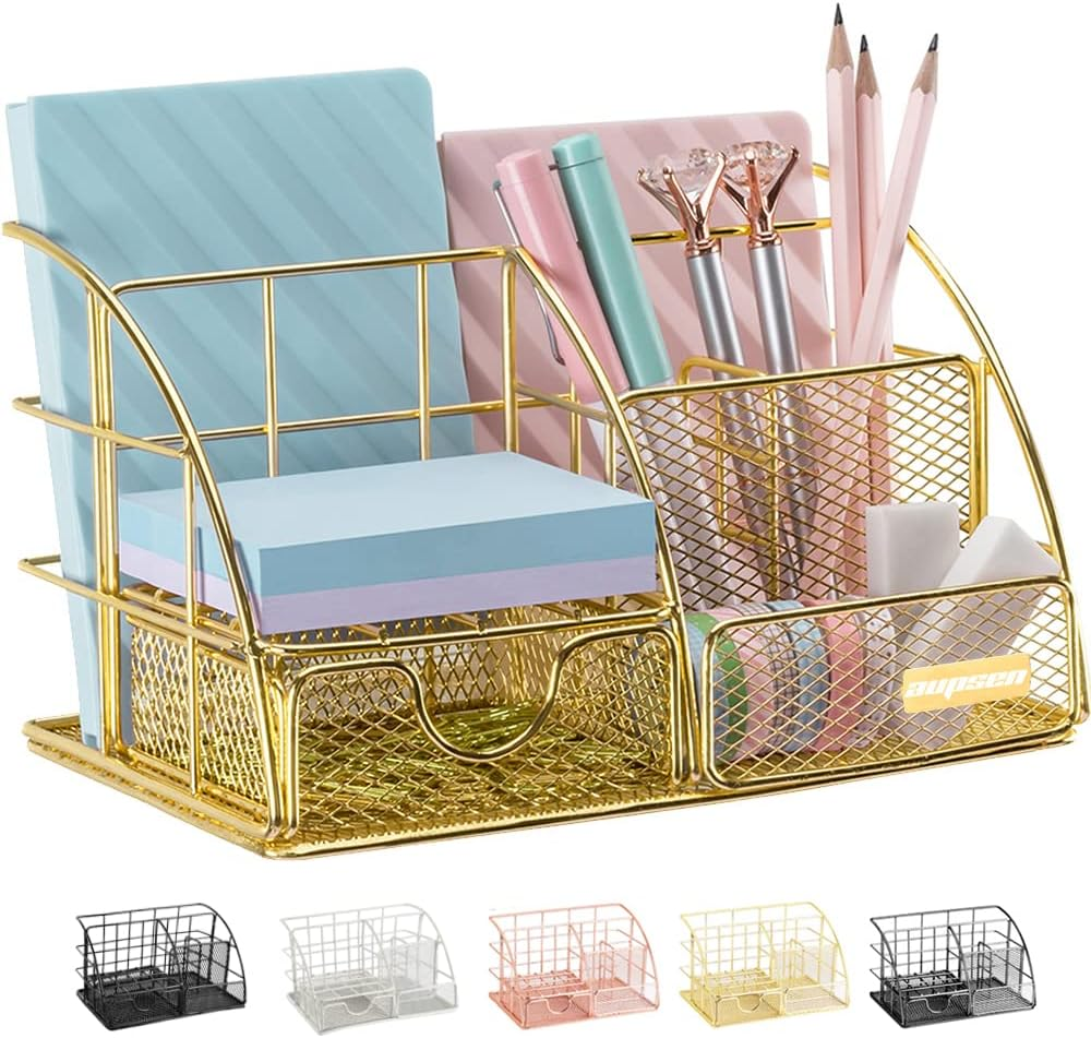 AUPSEN Desk Organizer, Mesh Office Supplies Desk Accessories, Features 5 Compartments + 1 Mini Sliding Drawer(Black)