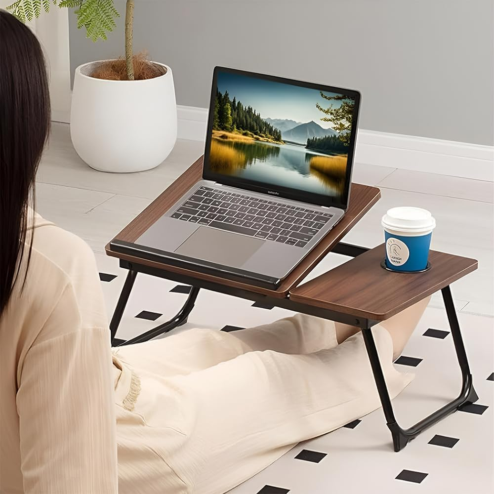MTSDM Foldable Laptop Table, Laptop Desk, Foldable Computer Table with Cup Holder Folding Breakfast Tray Adjust Angle Portable Standing Desk Reading for Bed Sofa Floor Good Furniture for Work at Home image number 4