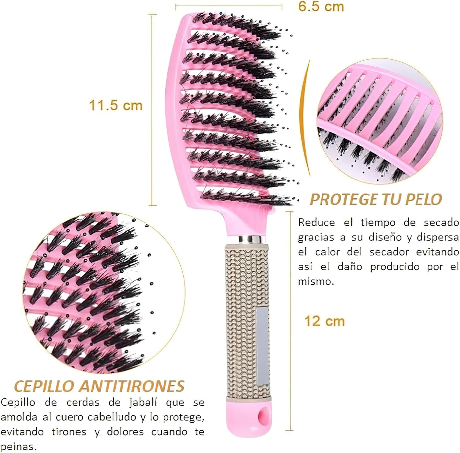 Hair Brush + 5 Scrunchies - anti Pull - Massage Effect - Detangling Comb - Jabali Bristles - All Hair Types (Pink) image number 3