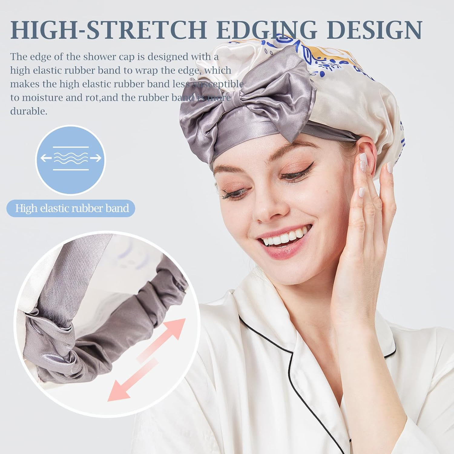 LONGDON HOMEONE EVA Plastic Large Shower Cap,Bowknot Shower Caps for Women Reusable Waterproof,Satin Bonnet,1 Pack. (Cat)