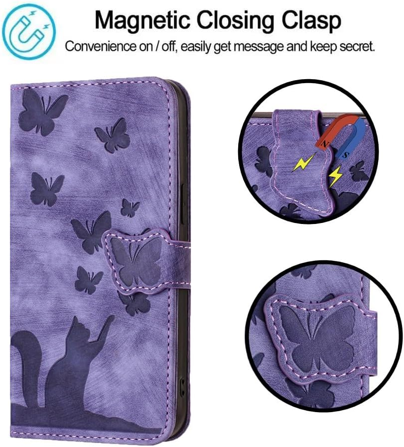 LSPCASA Mobile Phone Case for Iphone 17 Pro Max 6.9 Inch Premium PU Leather for Iphone 17 Pro Max Case with Card Slots Stand Function Protective Case Foldable Flip Wallet Phone Case Butterfly Cat image number 3