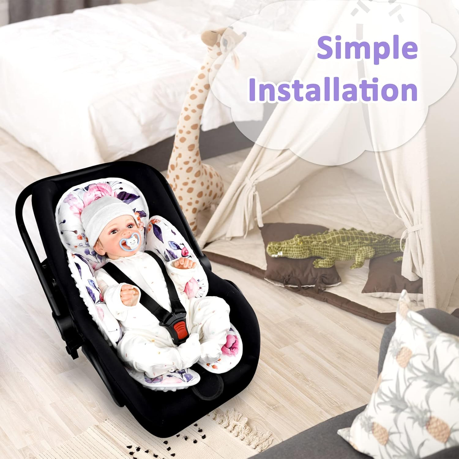 Baby Car Seat Head Support for Newborn,Pea Pod 2 in 1 Infant Car Seat Head Body Support for Girls Extra Soft Breathable Baby Car Seat Cushion Insert for Strollers, Swings, and Bouncers, Pink Floral image number 6