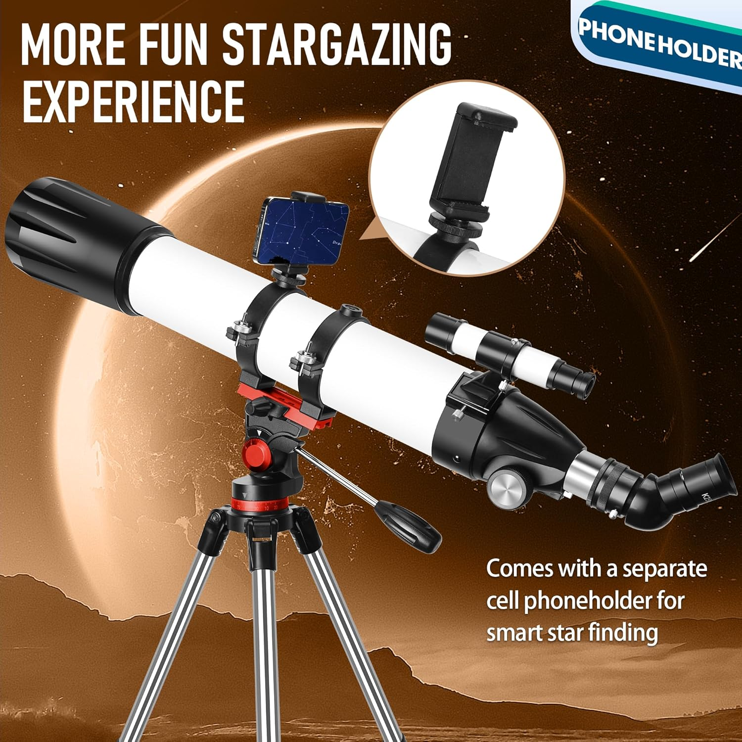 Dianfan Telescope,90Mm Aperture 800Mm Telescopes for Adults Astronomy,Portable Professional Refractor Telescope for Beginners & Kids,With Stainless Tripod & Phone Adapter,Carry Bag image number 5