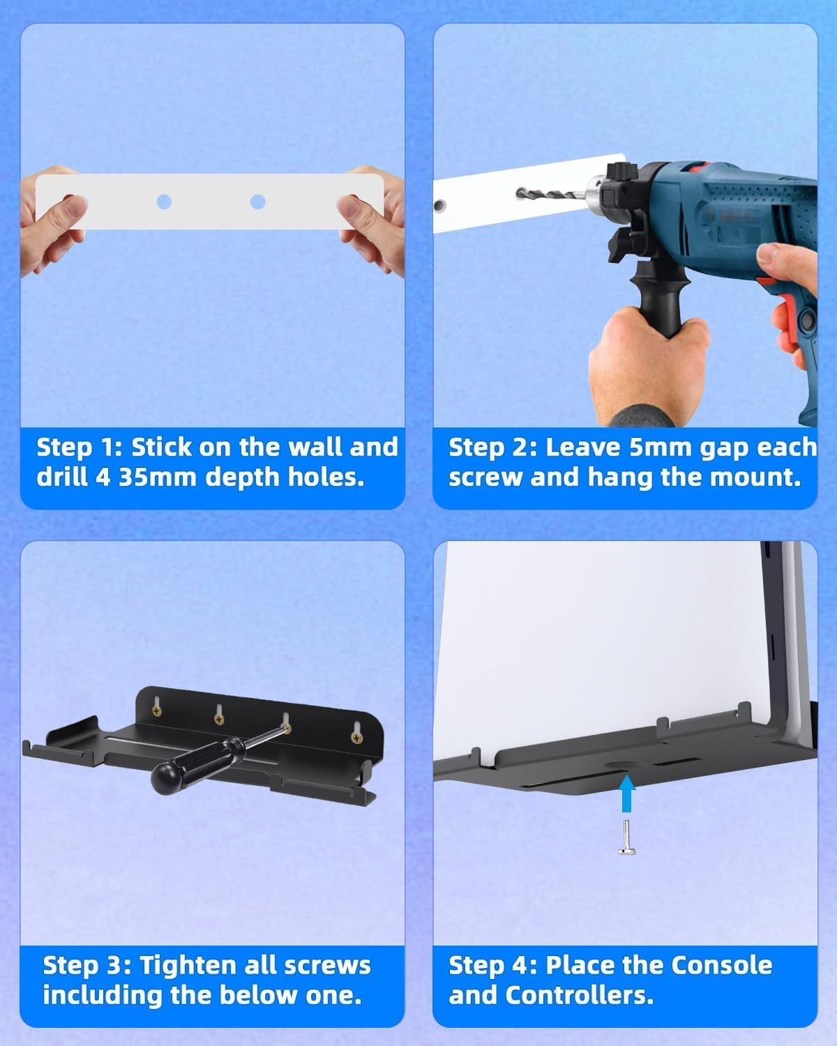 ZONEY Wall Mount for PS5 Slim Wall Mount, PS5 Slim Stand with 2 Removable Controllers Holders, Sturdy Floating Your New PS5 on Wall with Screw Fixing, behind TV (Black, Only for Slim) image number 5