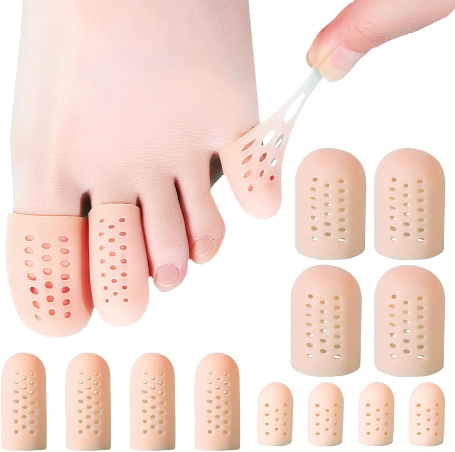 12PCS Gel Toe Caps Set 3 Sizes Breathable Toe Protectors Sleeve Bunion Pads Cushion Big Toe Guards Silicone Toe Covers for Ingrown Toenails Corns Calluses Blisters Protection (Beige, S+M+L)