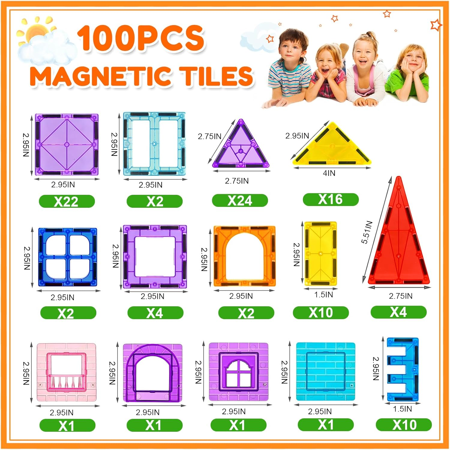 Magnetic Tiles 100PCS Magnet Building Blocks for Kids Educational Magnetic Blocks Sensory Toys Montessori Stacking Toys for 3 4 5 6 7 Year Old Boys Girls Construction STEM Gift Set image number 2