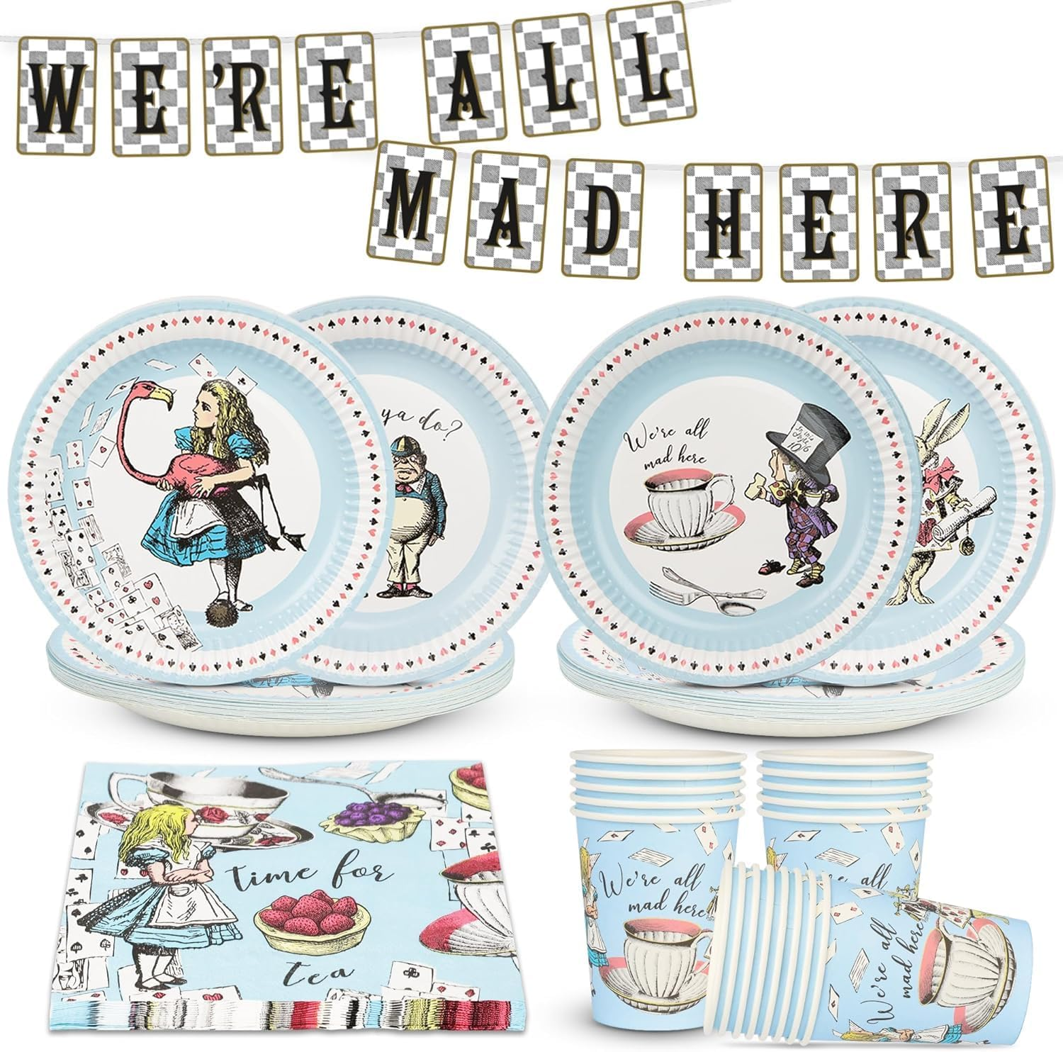 Talking Tables Alice in Wonderland Party Decorations & Tableware for 16 Guests | Mad Hatter Double Sided Bunting ,Paper Plates, Napkins, Cups, Table Cover for Birthday, Afternoon Tea Baby Shower, By image number 1