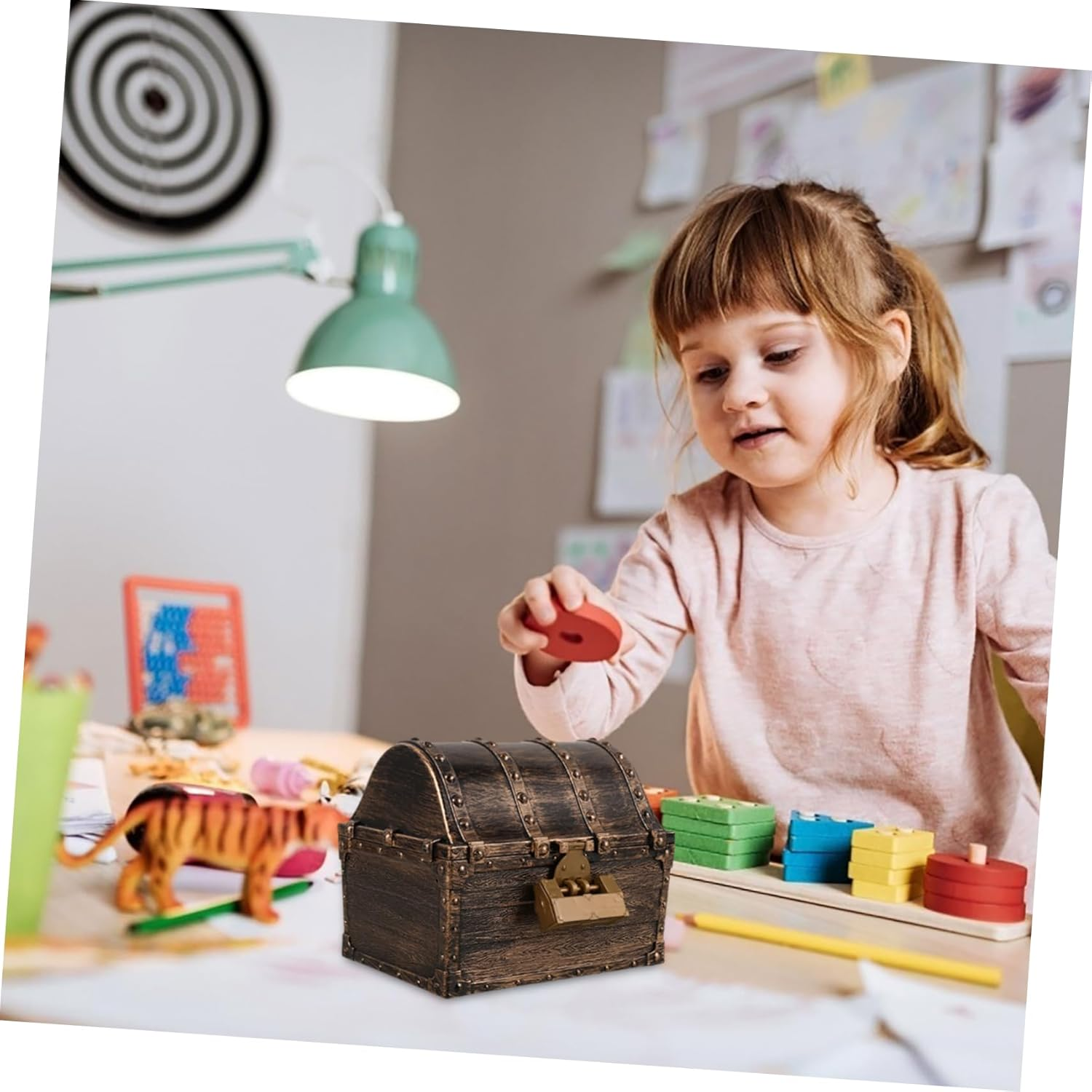 GLEAVI Pirate Treasure Chest Small Vintage Style Miniature Party Decor Decorative Treasure Box for Boys and Girls Long Lock Retro Bronze Finish Suitable for Pirate Party Supplies