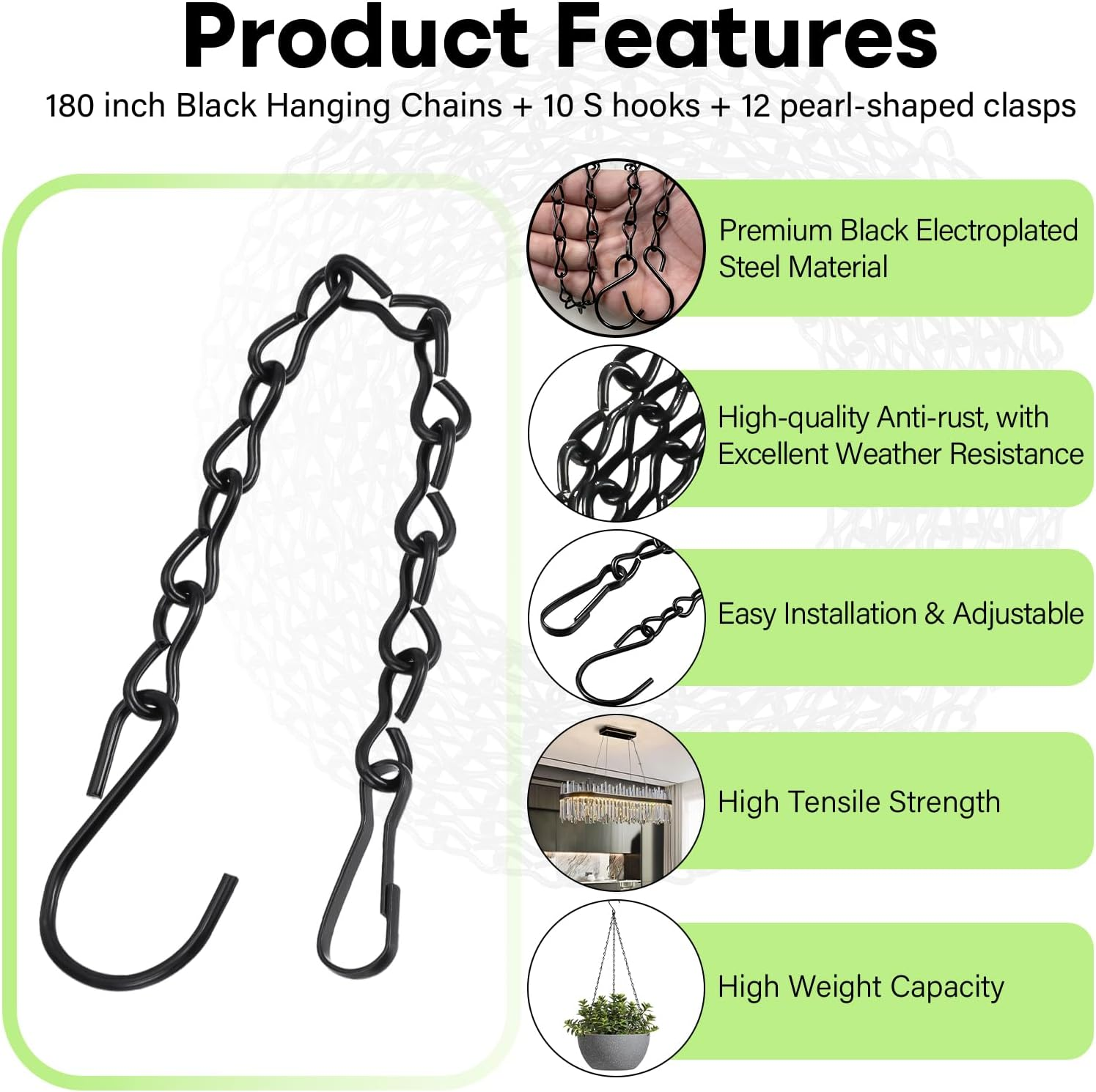 Upgraded 180&rdquo;Heavy Duty Metal Hanging Chains with Hanging Basket Hooks Set for Planters,Birdcage,Birds Feeder,Grow Lights,Lanterns,Billboards,Wind Chime and Ornaments,Chain Hooks Diy,Black image number 4