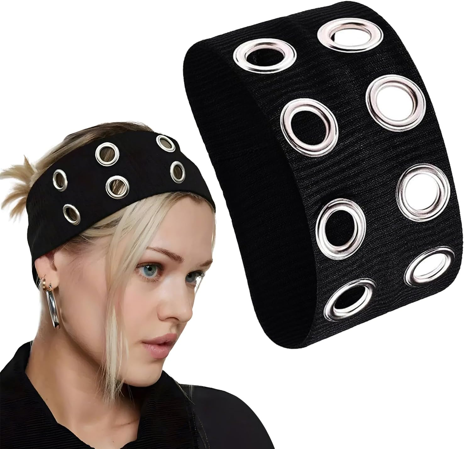 Black Hollow Knitted Headband, Metal Elastic Headband with Eyelets, Y2K Girls Women Punk Rock Wide Hair Accessories, Women'S Hairbands, Casual Hair Accessories image number 1