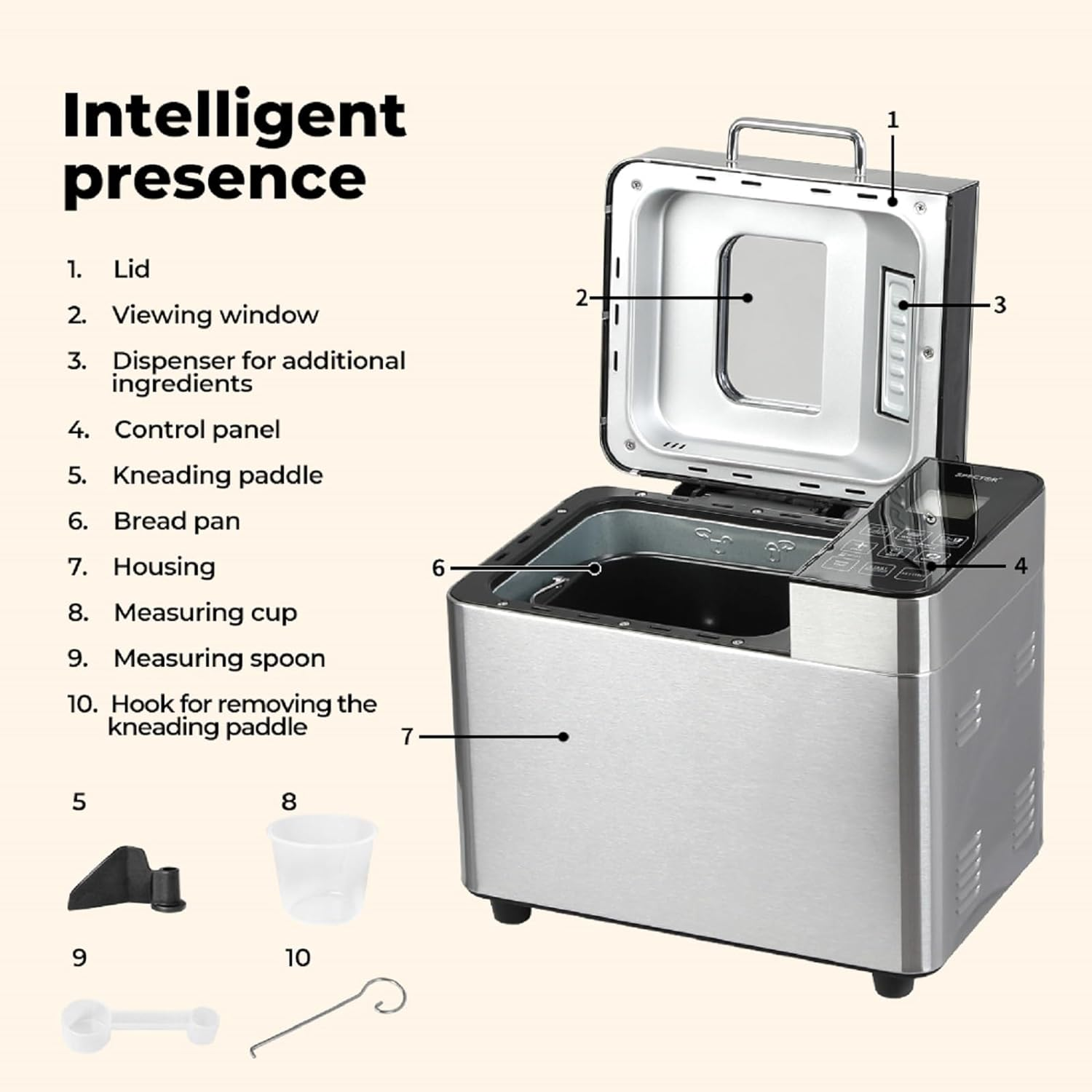 Spector Automatic 2L Bread Maker, Non Stick Healthy Mixer with Bread Bucket & Touch Panel,17 Programs Including Gluten-Free Artisan Kneading, 3 Loaf Sizes 3 Crust Colors, Reserve & Keep Warm Set image number 6