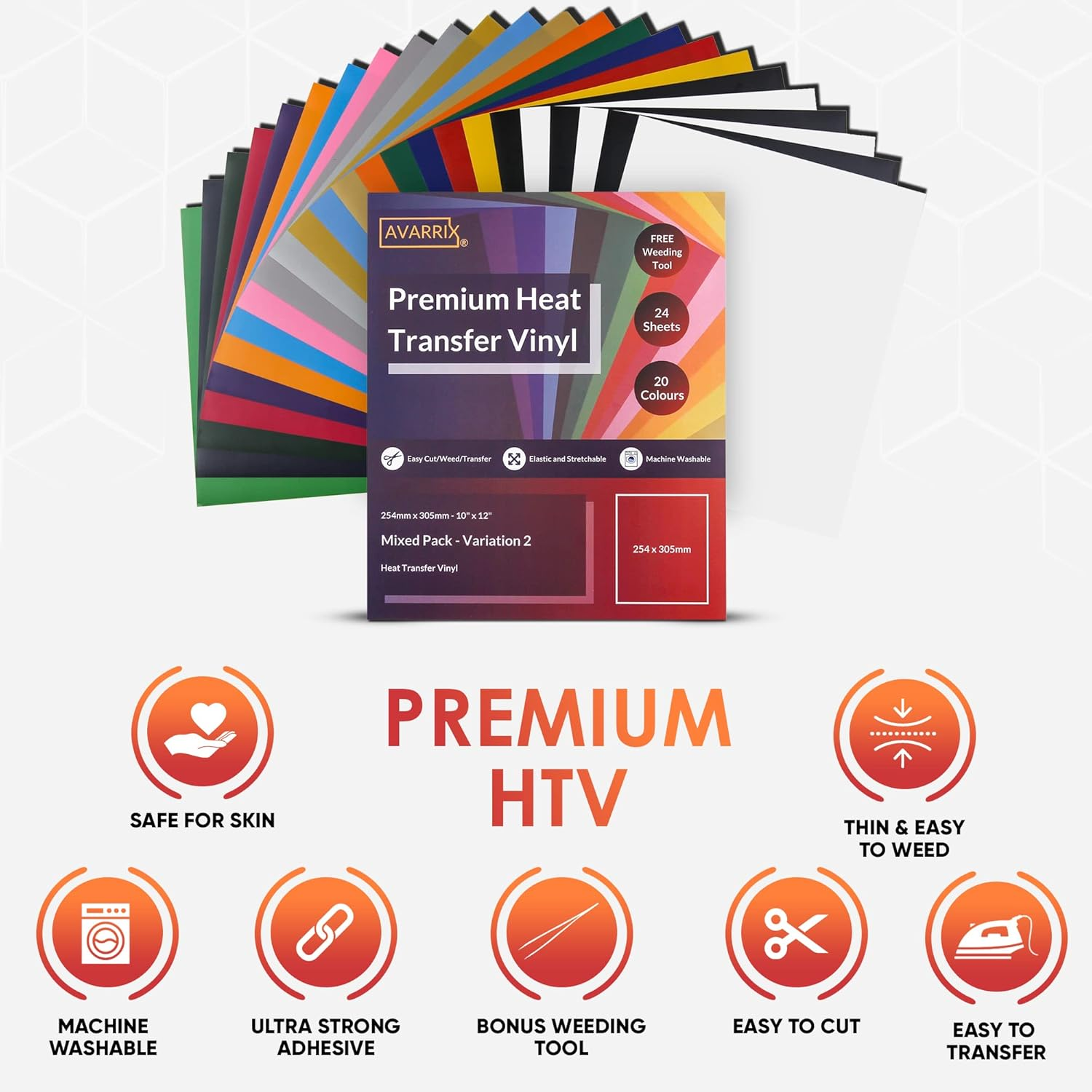 Avarrix Australia HTV Heat Transfer Vinyl Stickers - 10"X12" - 24 Sheets Pack - 20 Colours - Iron on Variety Bundle for Easy Press Heat Press