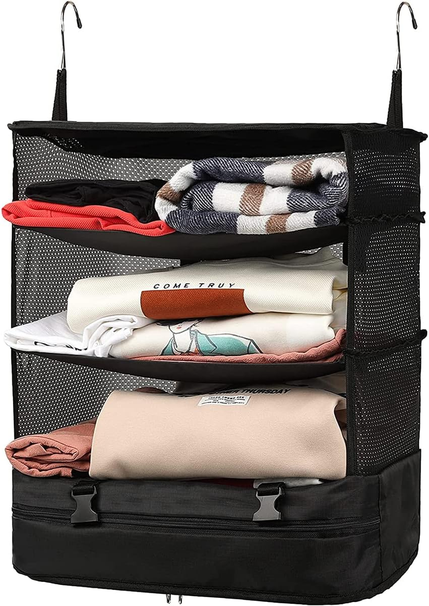 Travel Luggage Organizer Portable Travel Shelves Bag 3-Shelf Suitcase Cube Collapsible Hanging Closet Storage Bag Space Saver for Wardrobe Suitcase Carry On image number 1