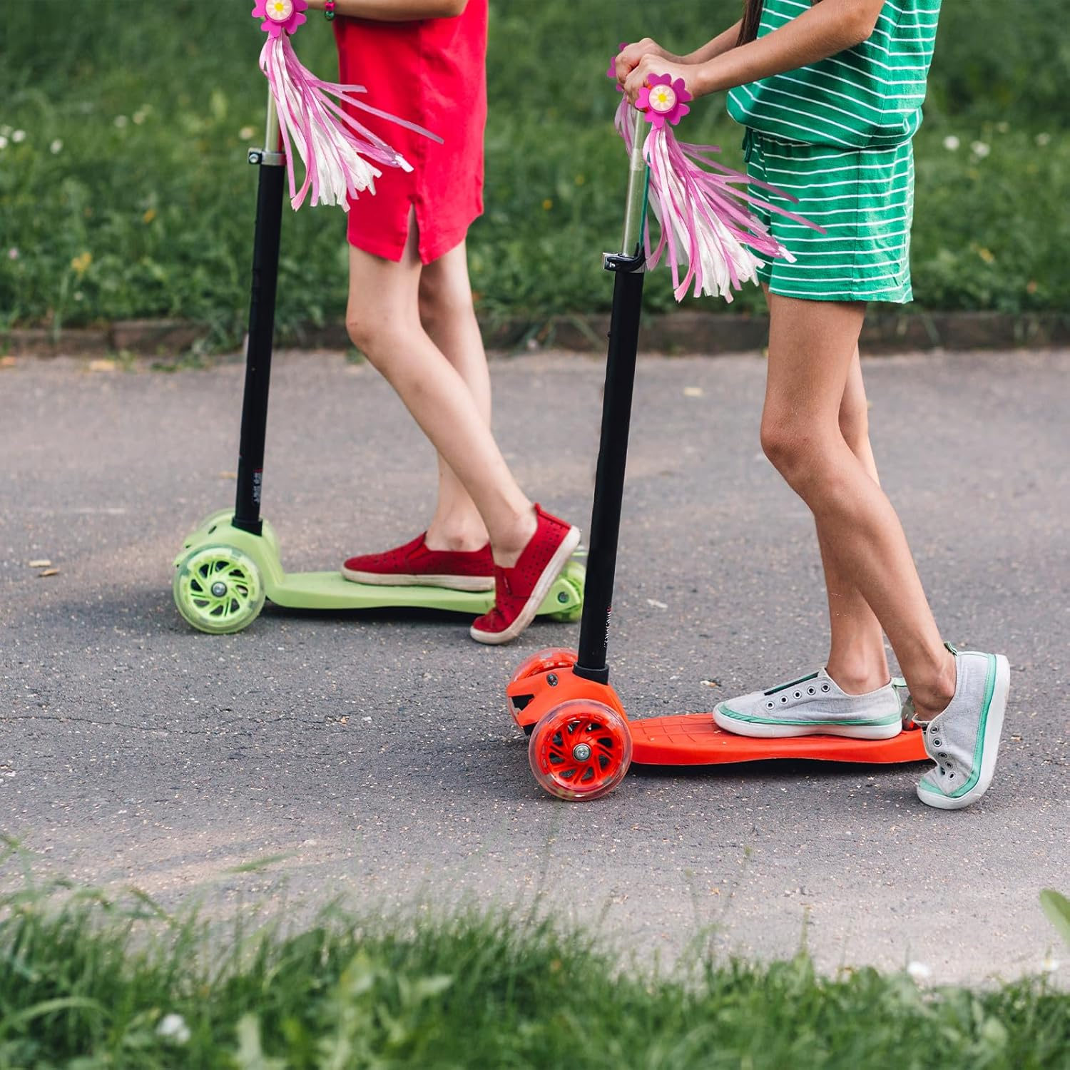 Scooter Handlebar Streamers, 2 PCS Bicycle Grips Ribbon with a Flower Bicycle Bell for Bike Decorations (3 PCS) image number 1