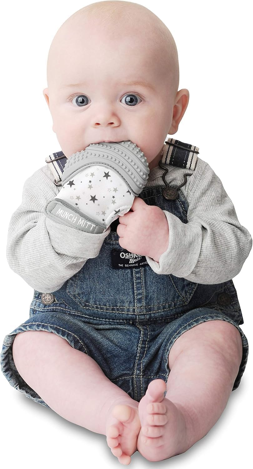Munch Mitt Bundle Unisex, X1 Mint Green (MM06GT) and X1 Grey Stars (MM08GS) Teething Mittens image number 1